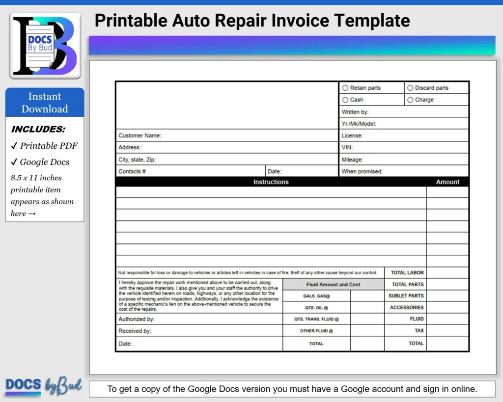 Printable Auto Repair Invoice Template Auto Repair Template Downloadable GOOGLE DOCS Or PDF Printable Auto Repair Estimate For Vehicles Etsy