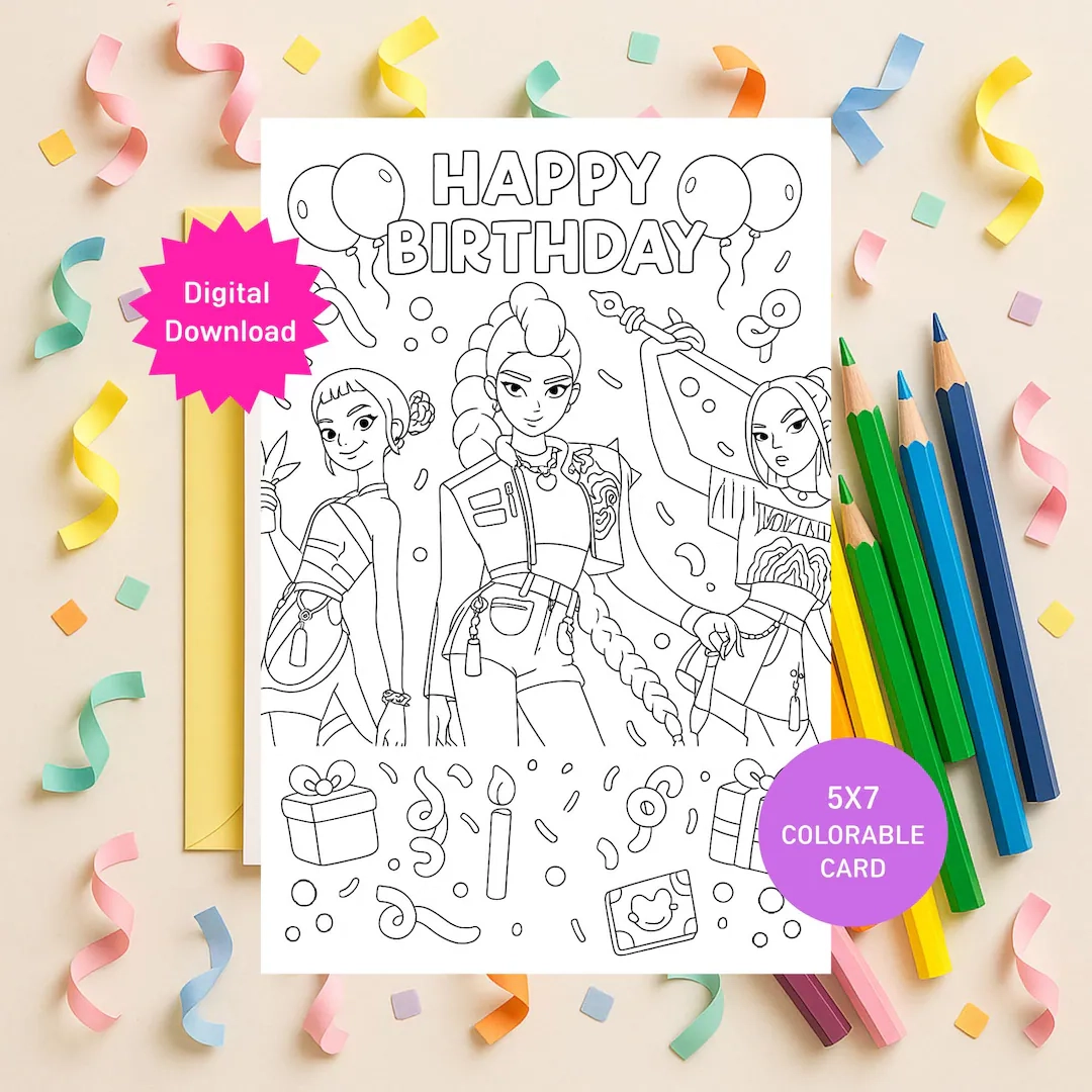 Printable Kpop Demon Hunters Kpop Huntrix Happy Birthday Coloring Card Kids Birthday Card Instant Digital Download PDF Etsy