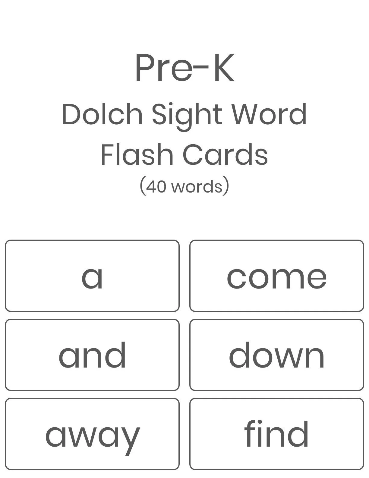 Printable Pre k Dolch Sight Words Flash Cards 40 Words INSTANT DOWNLOAD Etsy