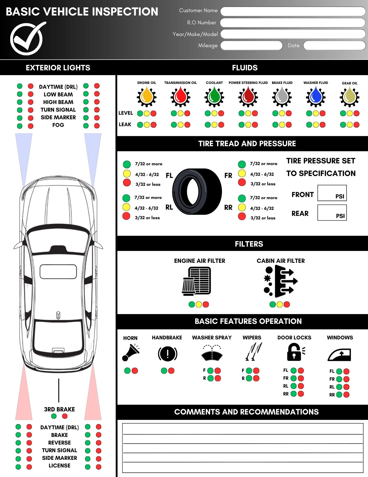 Professional Basic Vehicle Safety Inspection Sheet Professional Shop Form instant Download Etsy