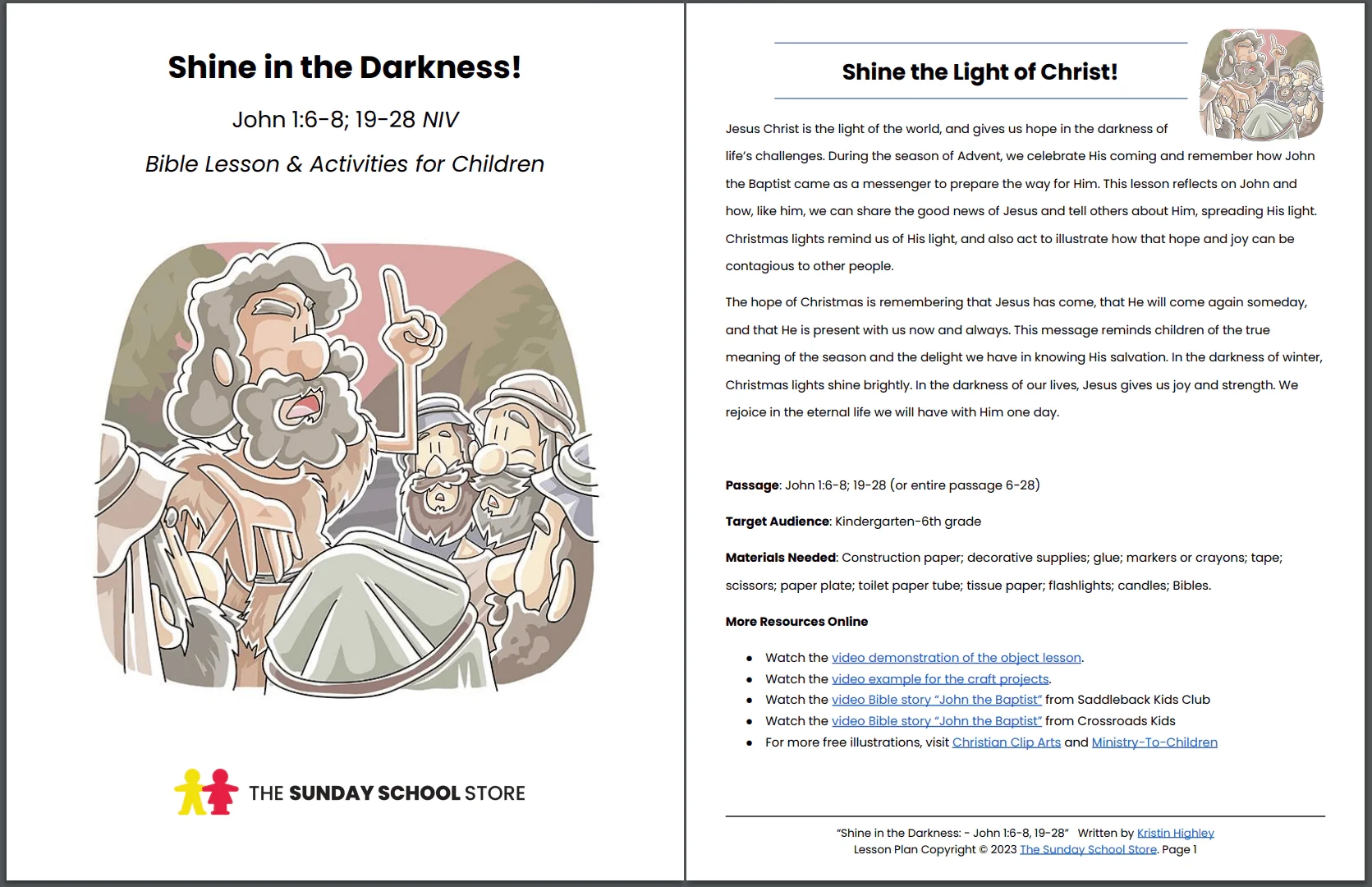 Shine In The Darkness John 1 6 8 19 28 Printable Bible Lesson Sun Sunday School Store