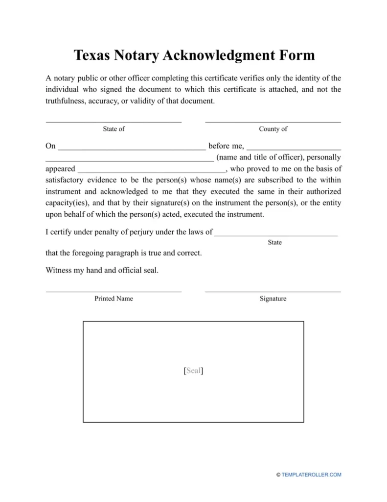 Texas Notary Acknowledgment Form Fill Out Sign Online And Download PDF Templateroller