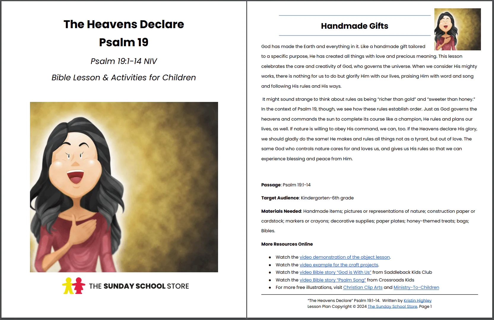 The Heavens Declare The Glory Of God Psalm 19 1 14 Printable Bible L Sunday School Store
