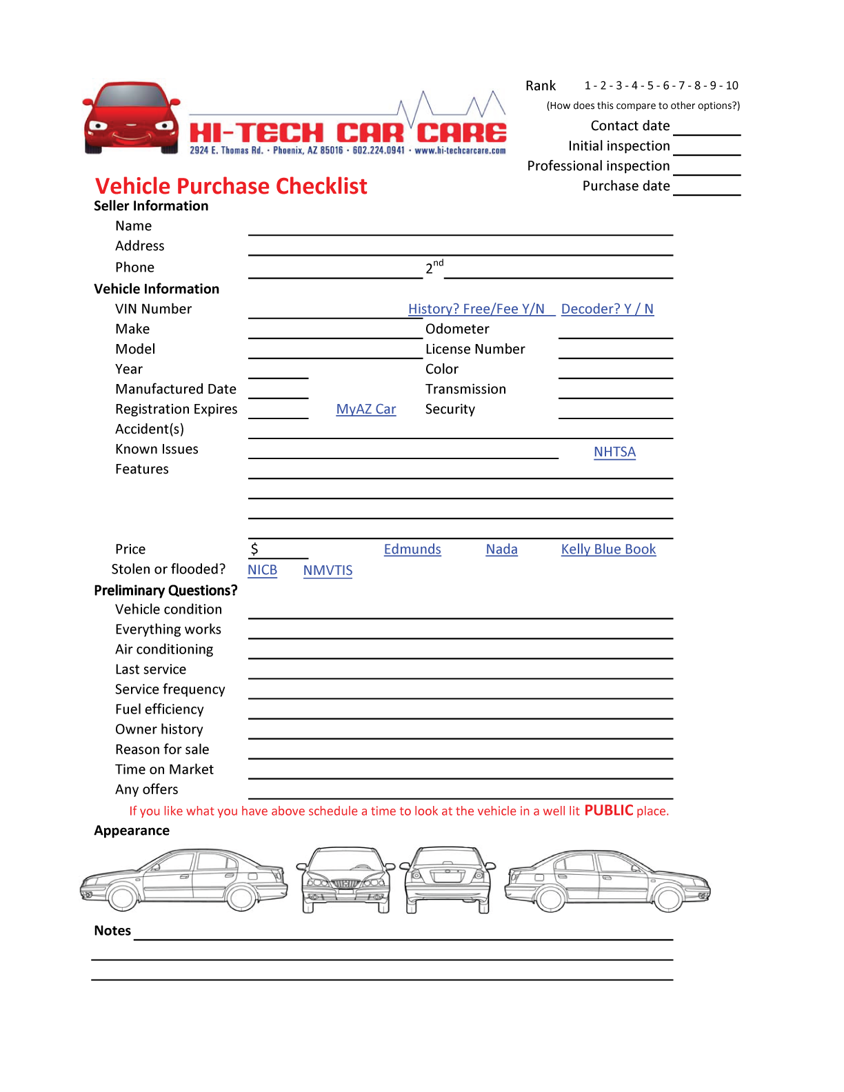 Used Vehicle Inspection Checklist Hi Tech Car Care Phoenix Arizona