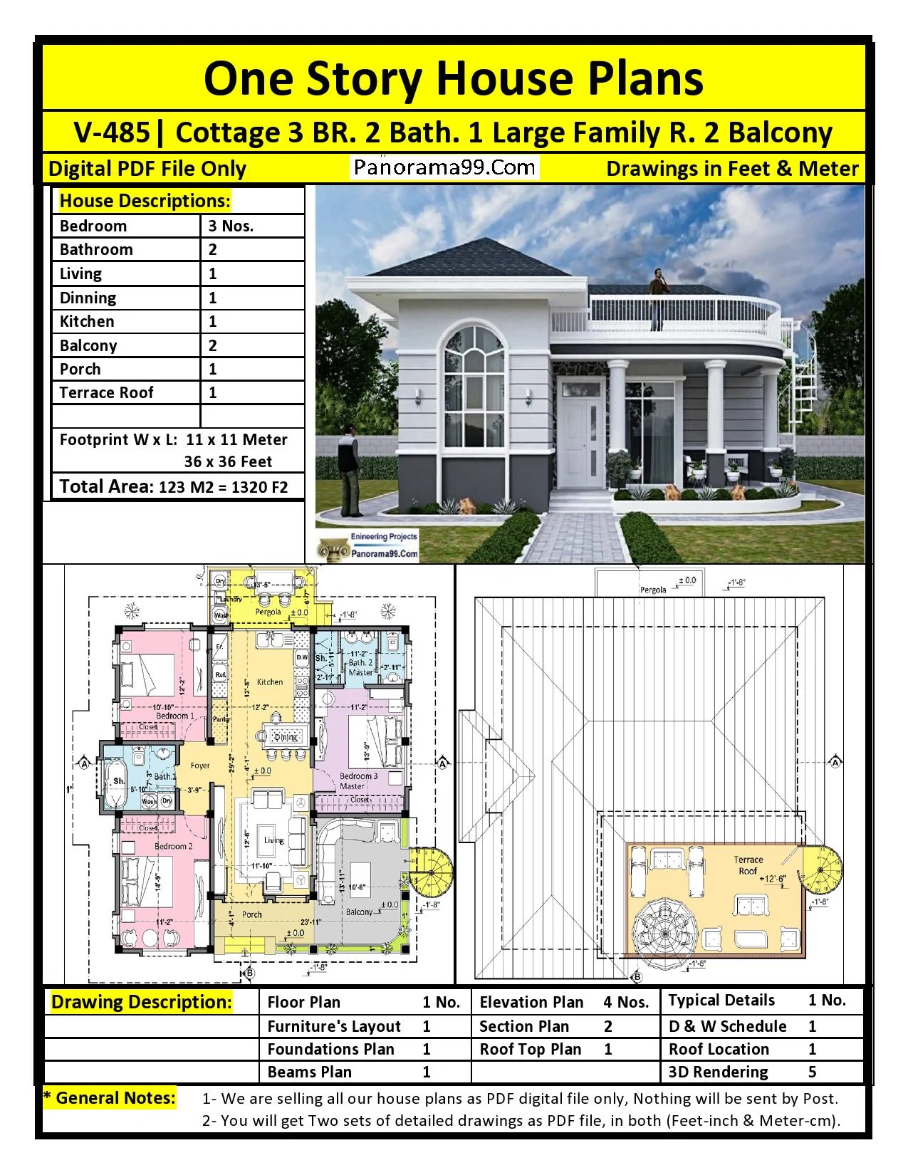 V 485 36x36 Modern Tiny House Plan 3 Bedroom Bungalow Blueprints Etsy