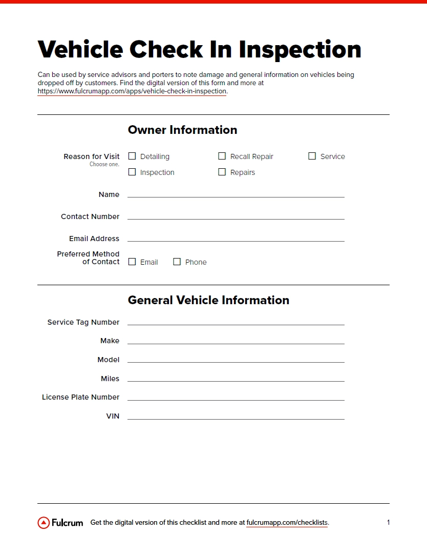 Vehicle Check in Inspection Checklist Fulcrum
