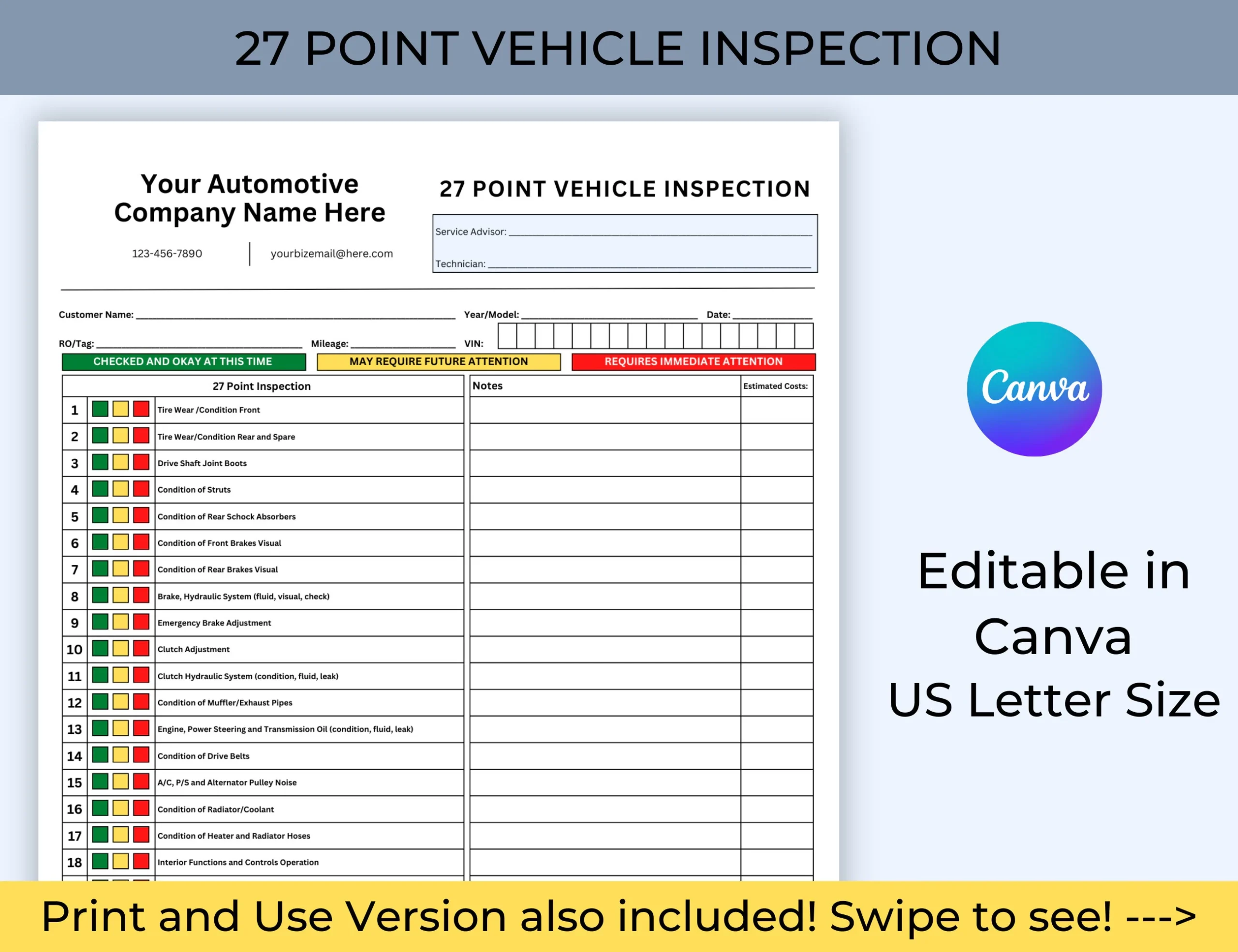 Vehicle Inspection Checklist 27 Point Vehicle Inspection Checklist Editable Template For Auto Engineer Service Department Forms Mechanic Etsy