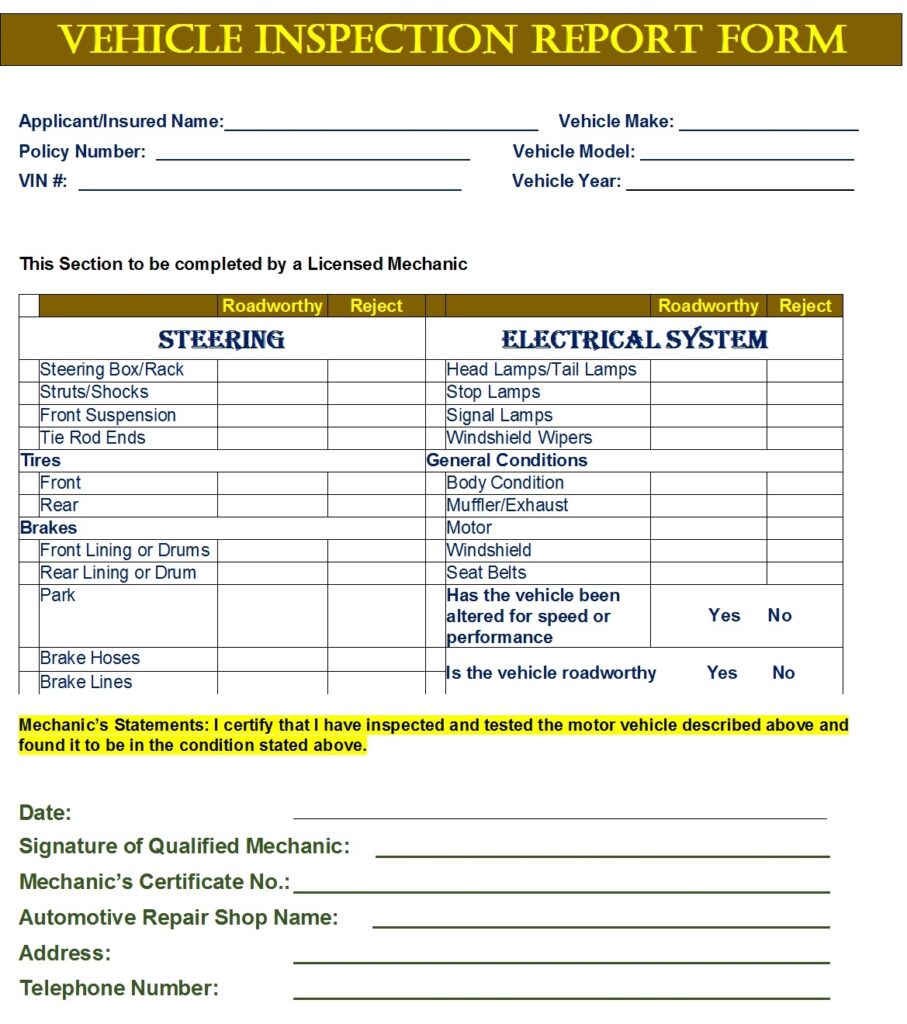 Vehicle Inspection Form Template Free Report Templates