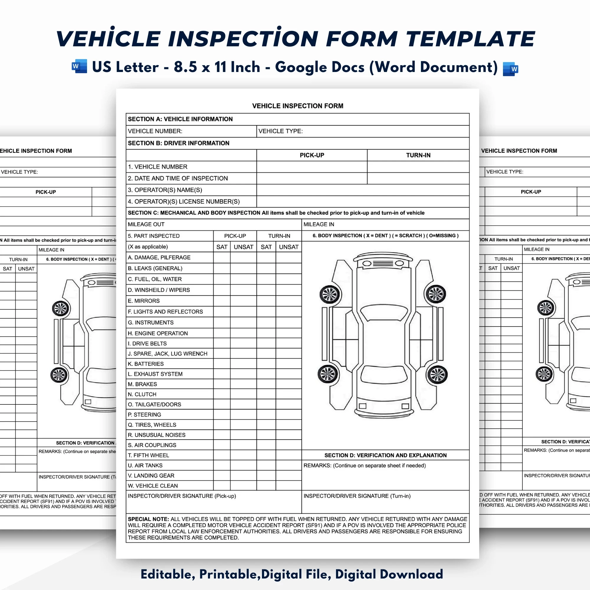 Vehicle Inspection Report Form Template Editable Printable Google Docs word Document Etsy