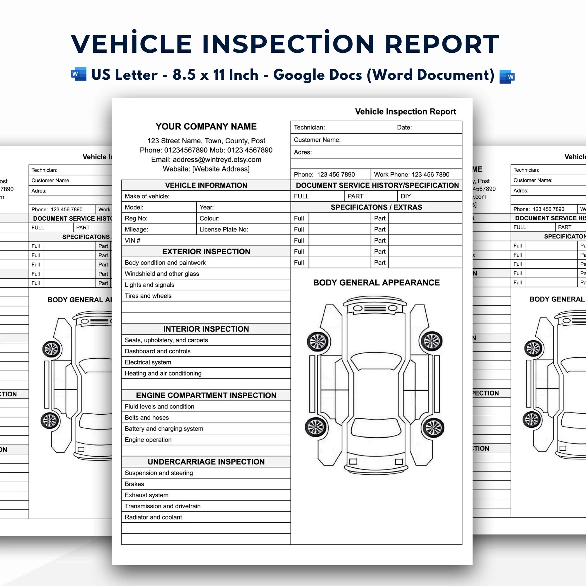 Vehicle Inspection Report Template Google Docs word Document Etsy Israel