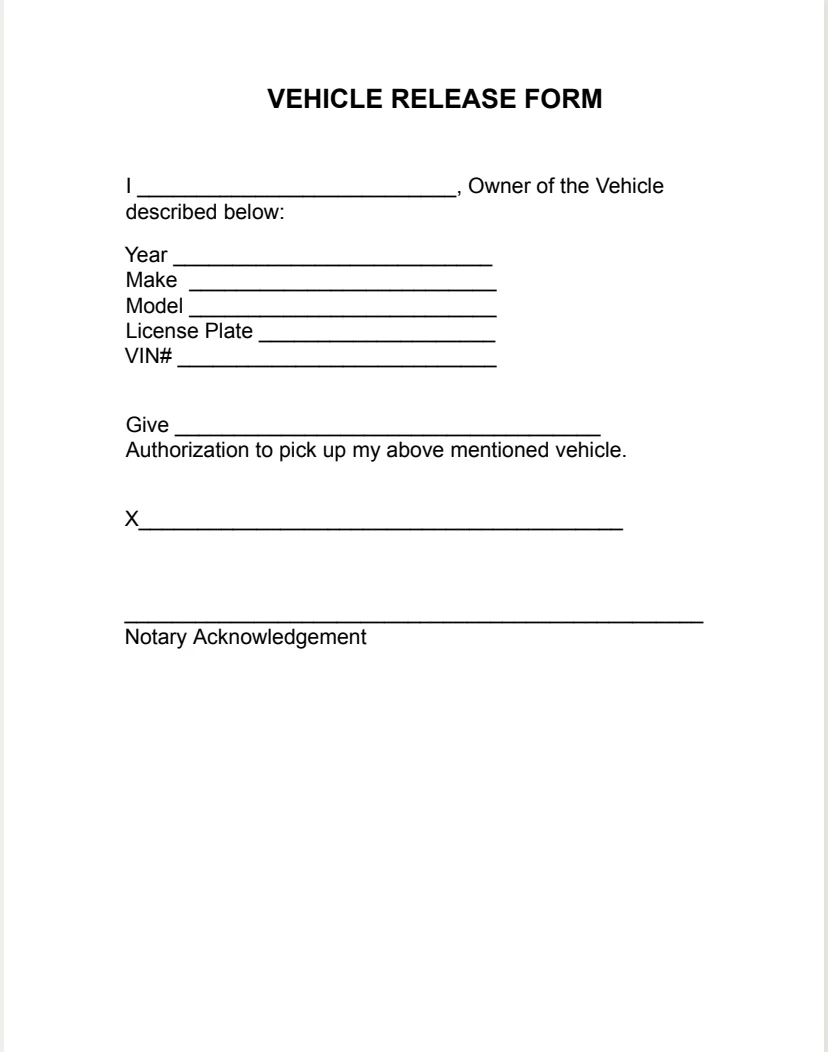 Vehicle Release Form PDF Download Notarization