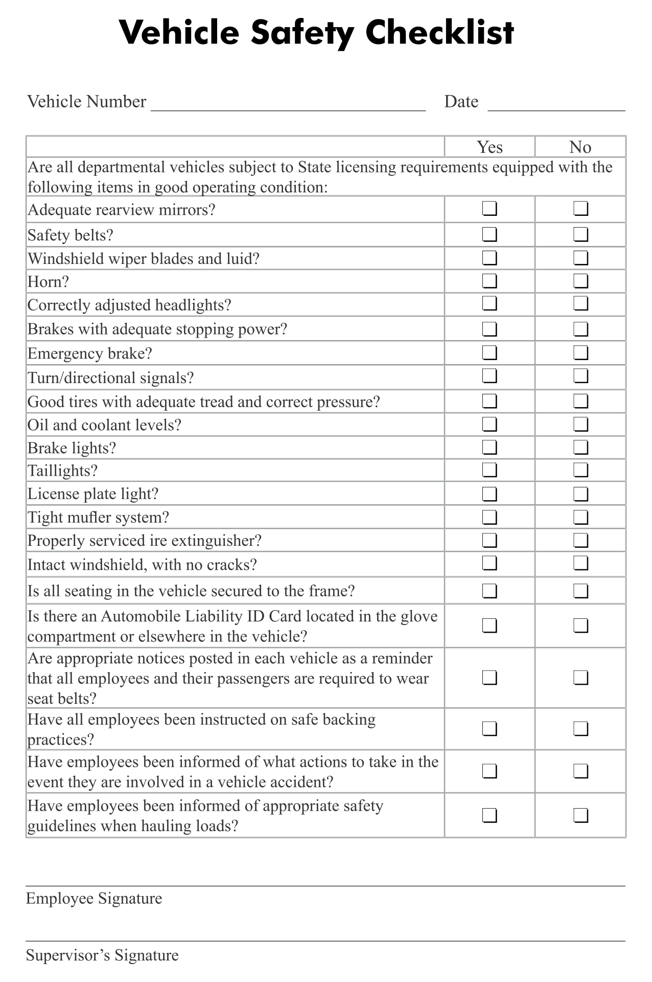 Vehicle Safety Inspection Checklist Form
