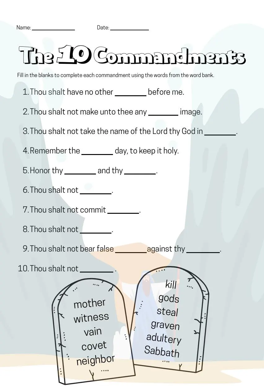 10 Commandments Worksheet For Kids Bible
