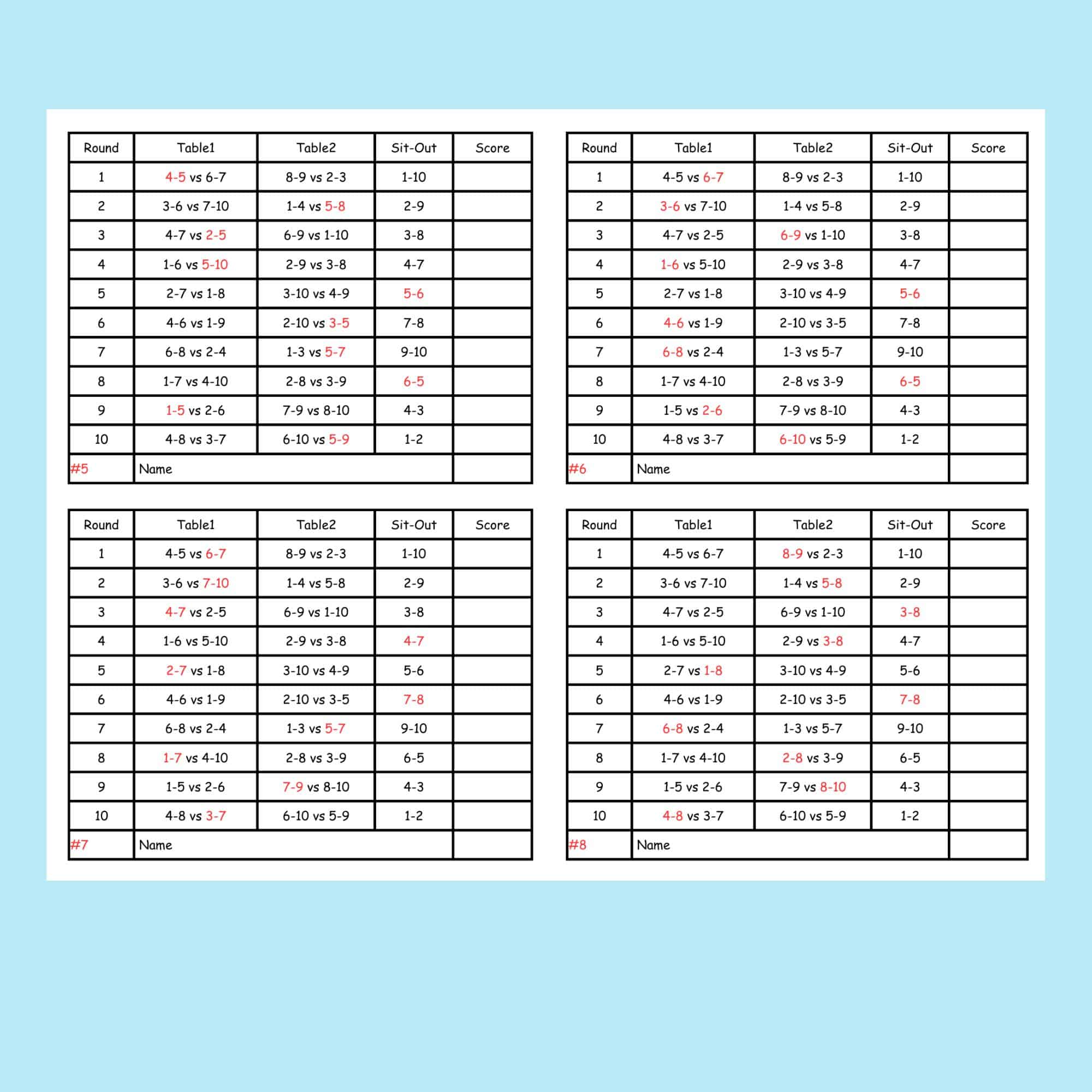 10 Person Euchre Tournament Rotation Score Card
