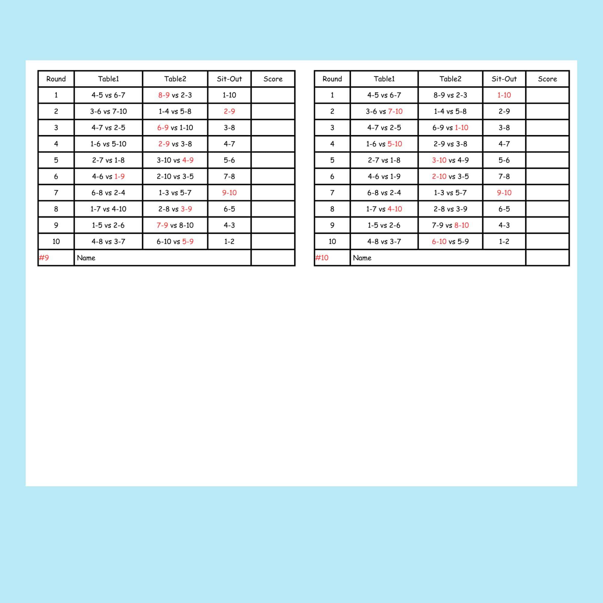 10 Person Euchre Tournament Rotation Score Card