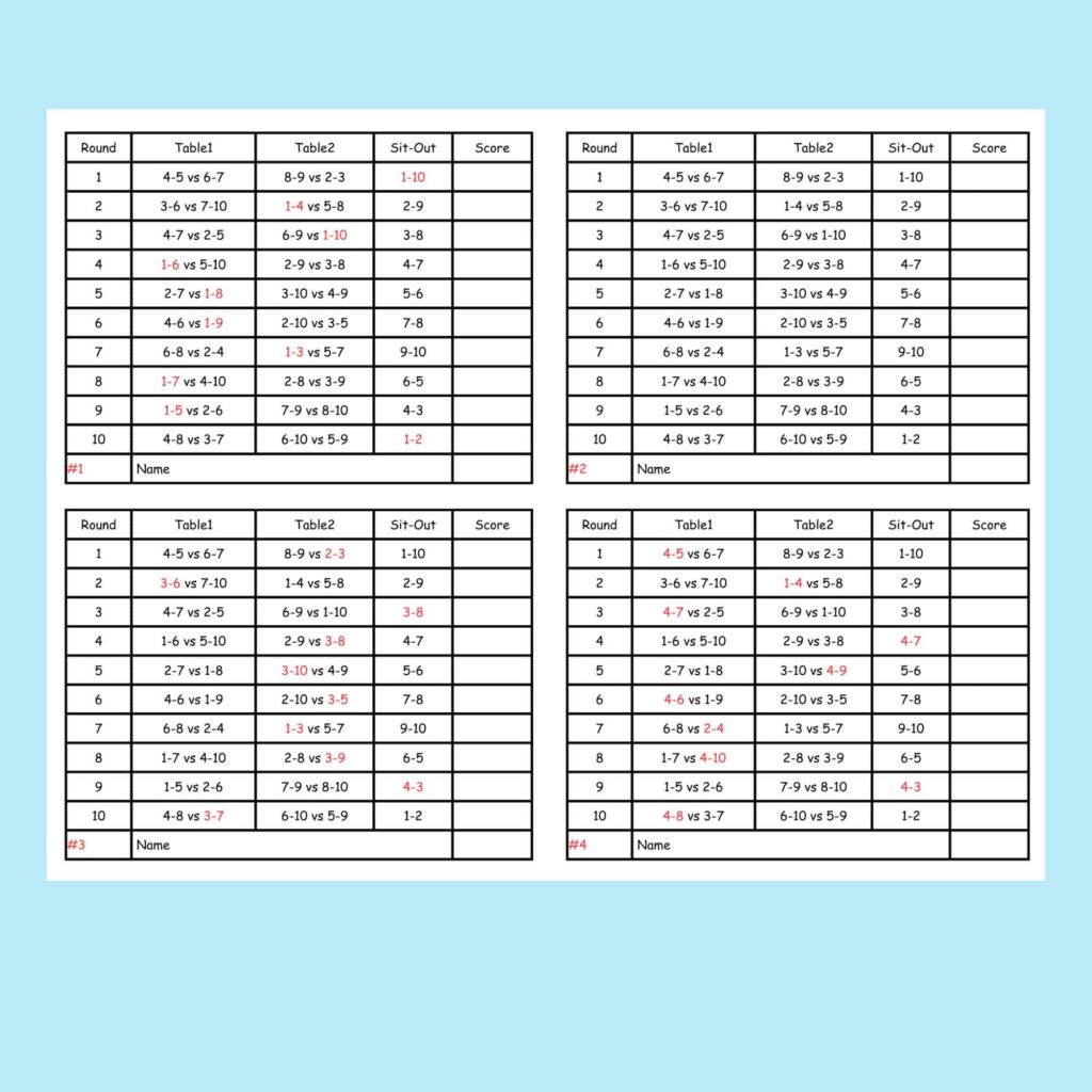 10 Person Euchre Tournament Rotation Score Card