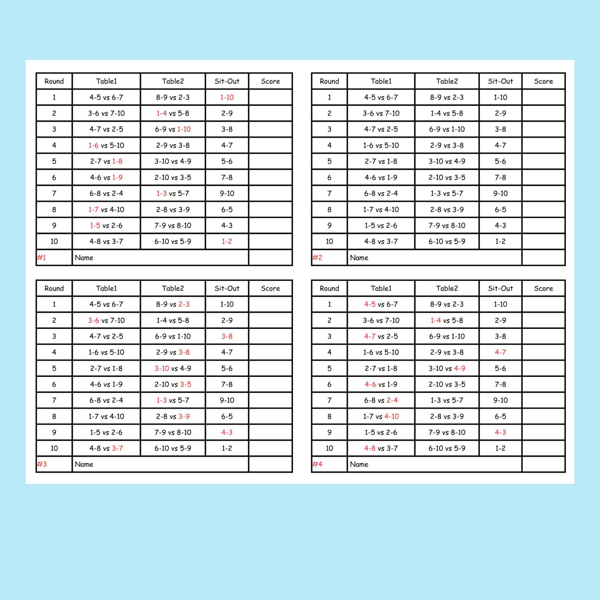 10 Person Euchre Tournament Rotation Score Card