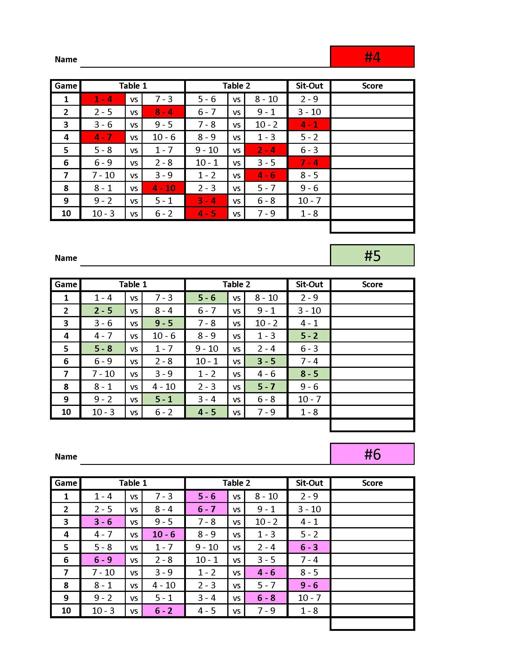 10 Player Euchre Tournament Score Sheet