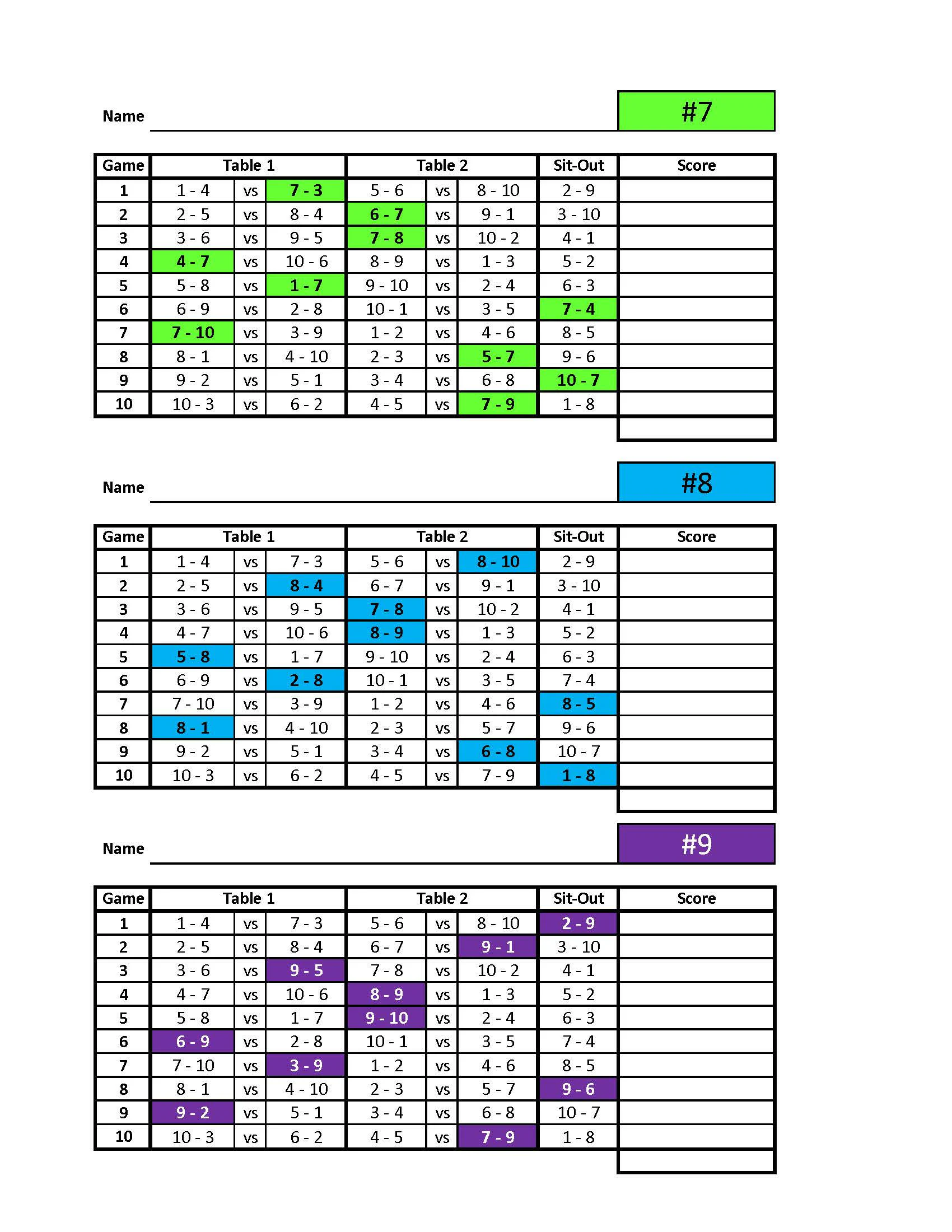 10 Player Euchre Tournament Score Sheet