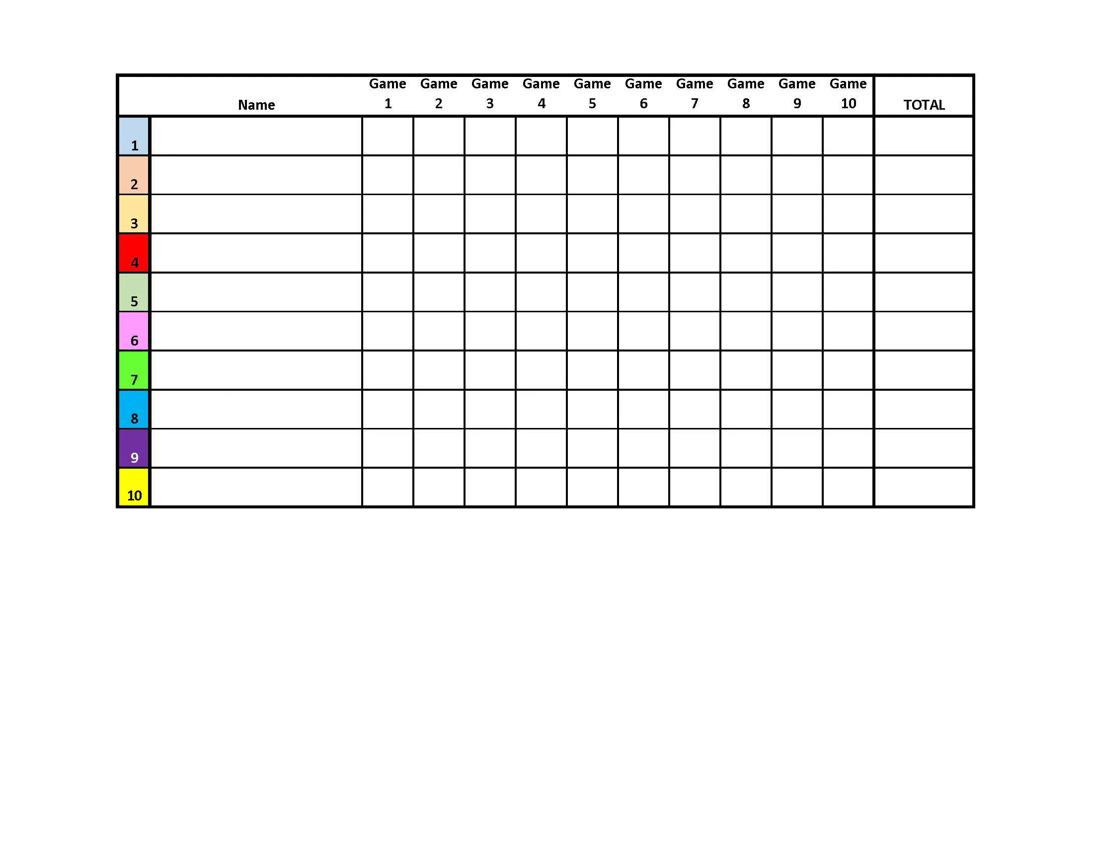 10 Player Euchre Tournament Score Sheet