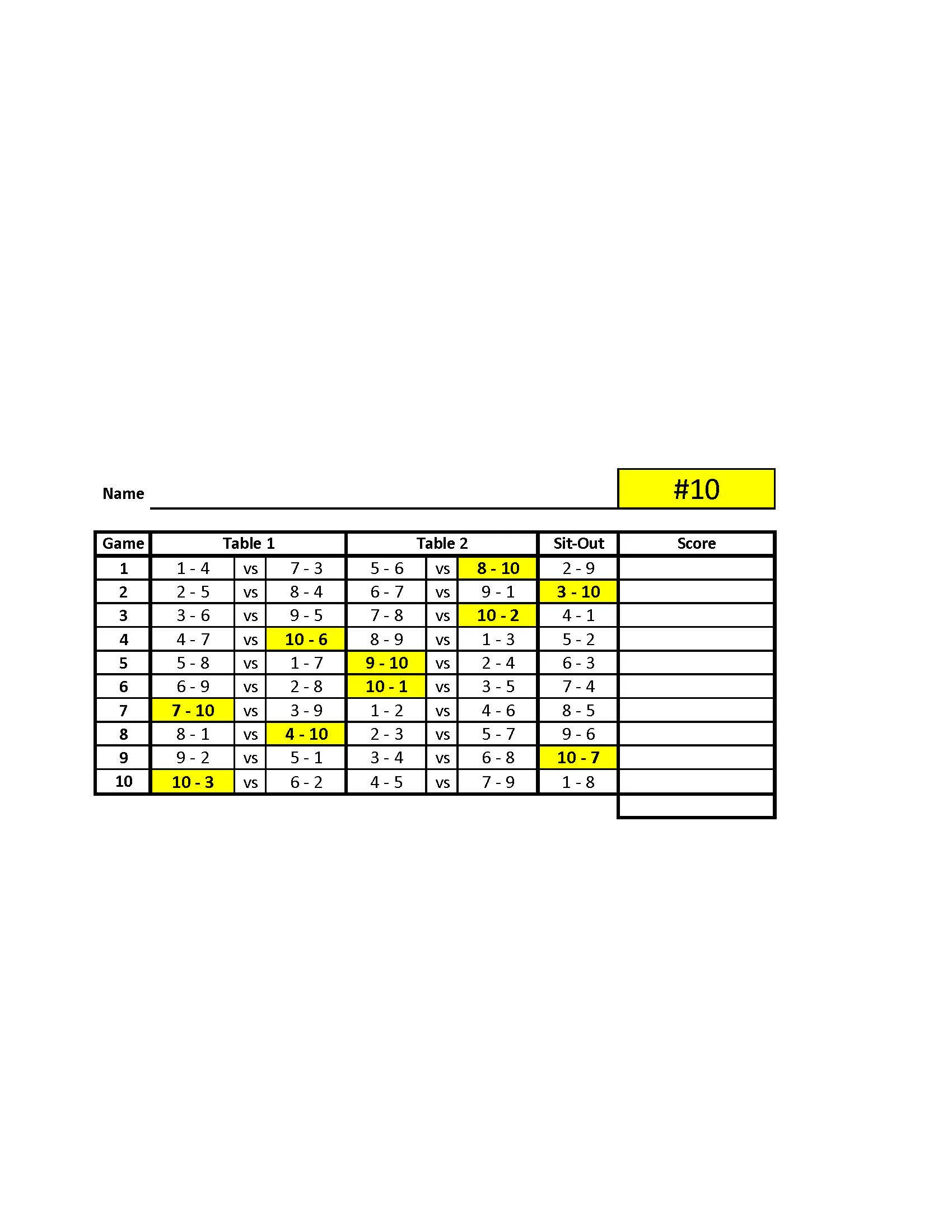 10 Player Euchre Tournament Score Sheet