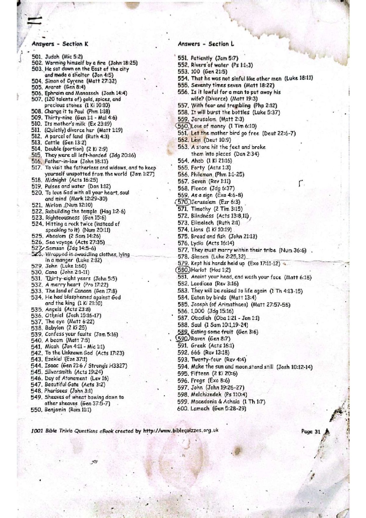 1001 Bible Trivia Questions Answers Section K To T