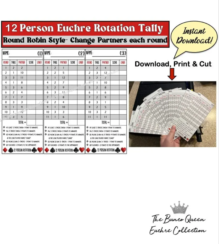 12 Person Euchre Tally Cards Round Robin