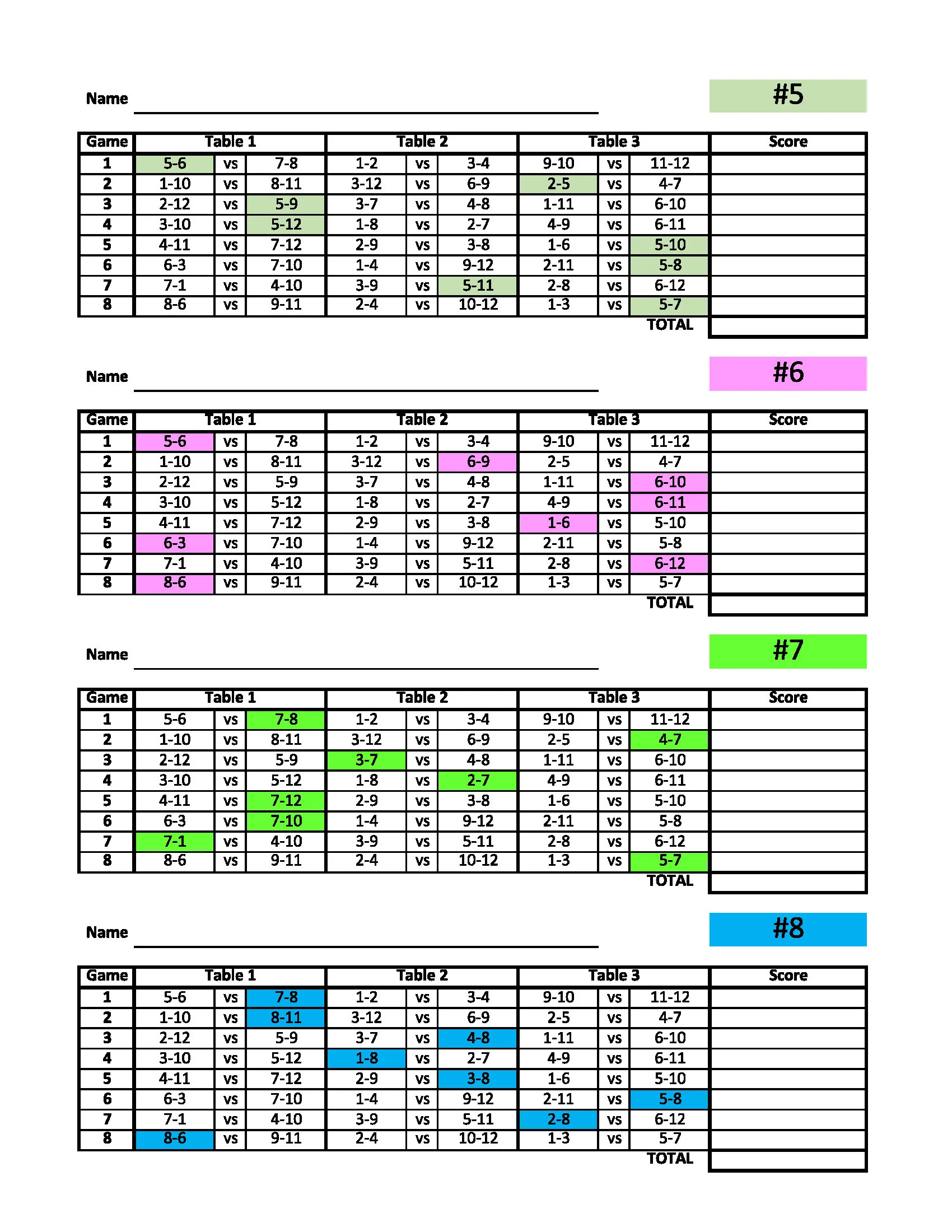 12 Player Euchre Tournament Score Sheet