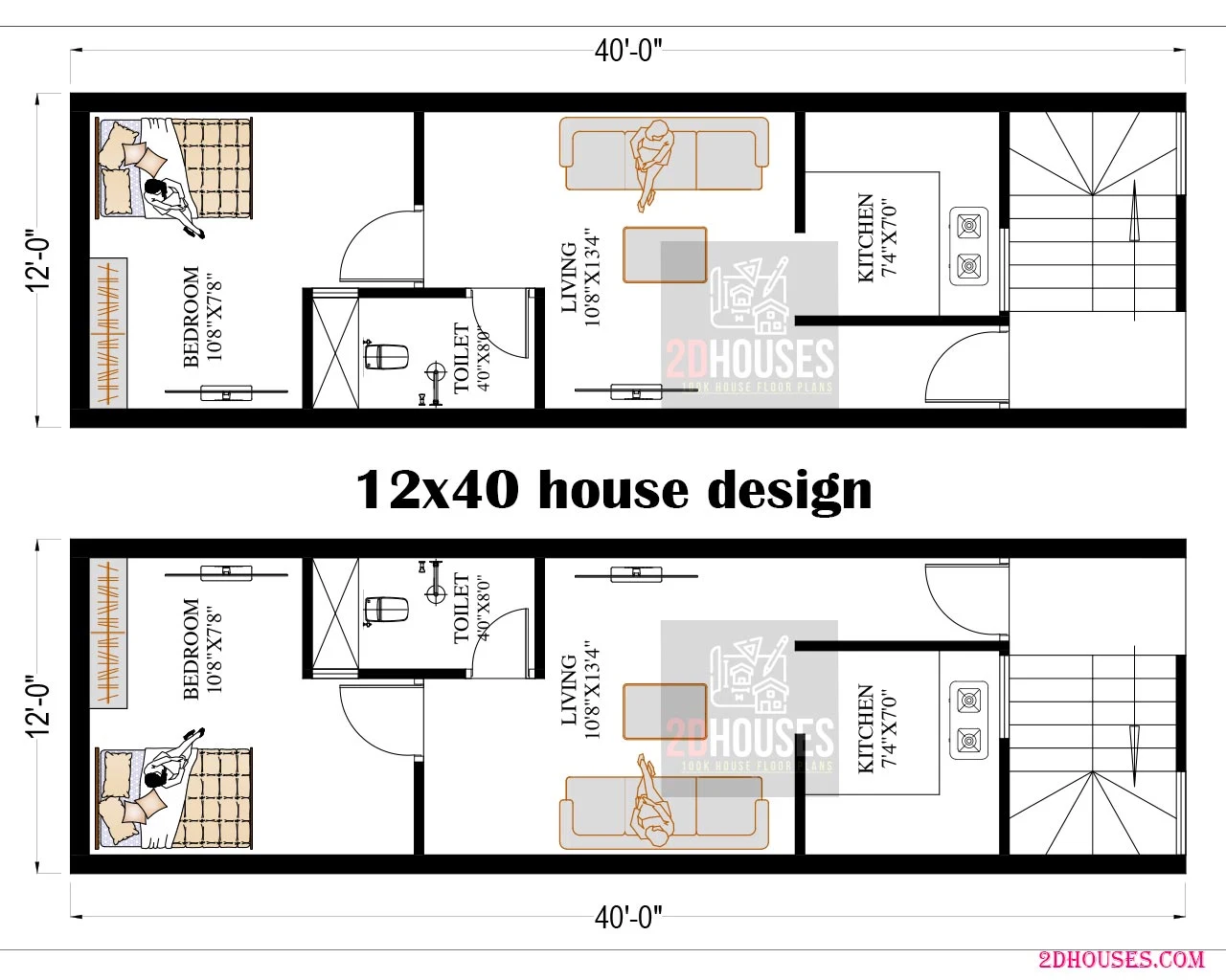 12x40 Affordable Modern 1bhk House Plan