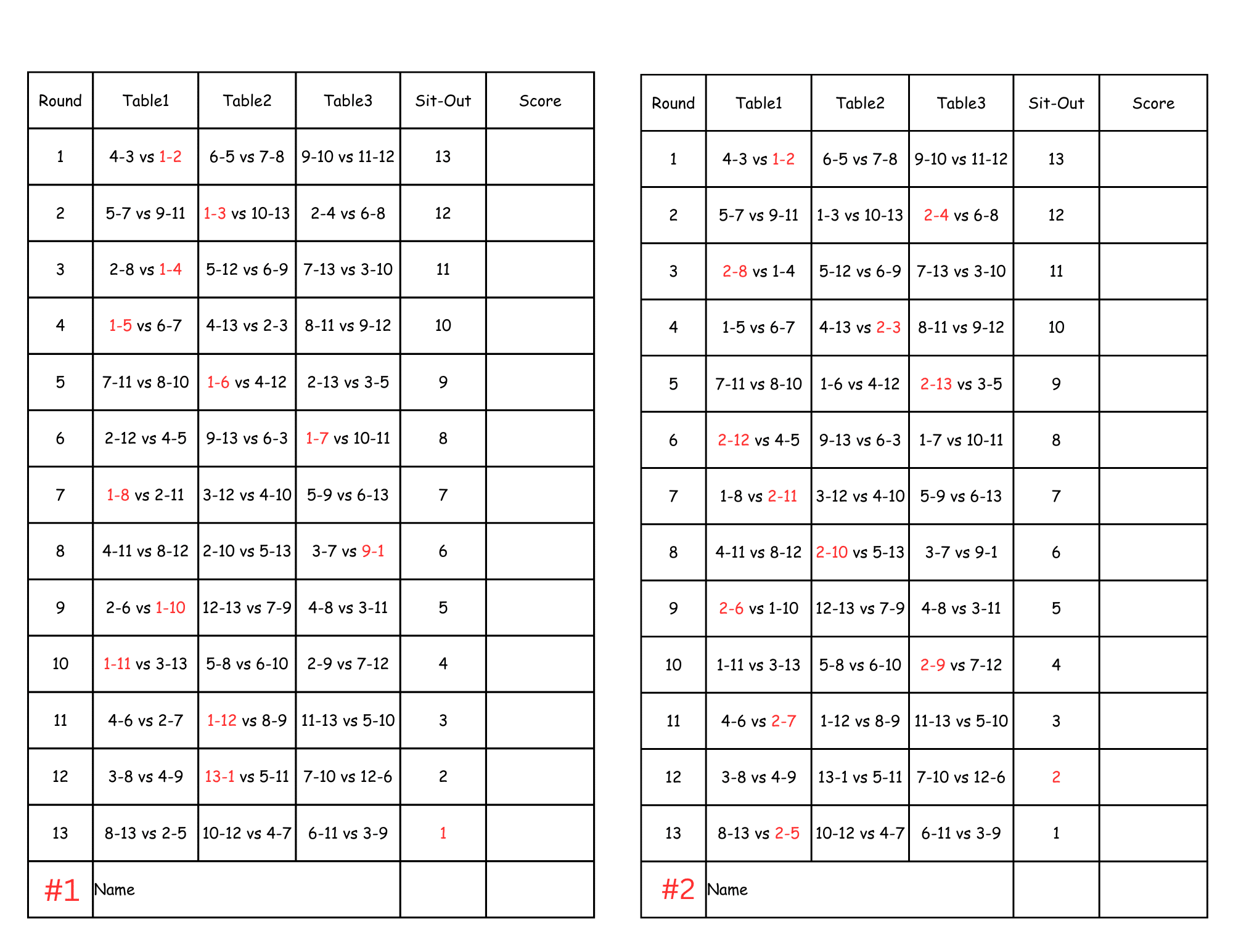 13 Person Euchre Tournament Rotation Tally Cards