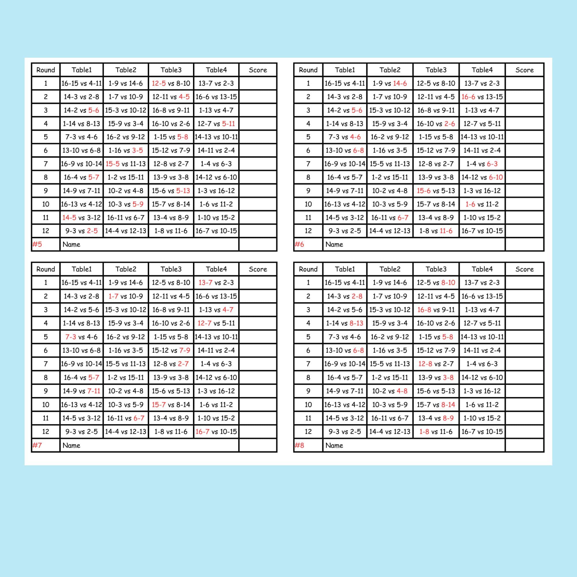 16 Person Euchre Tally Cards
