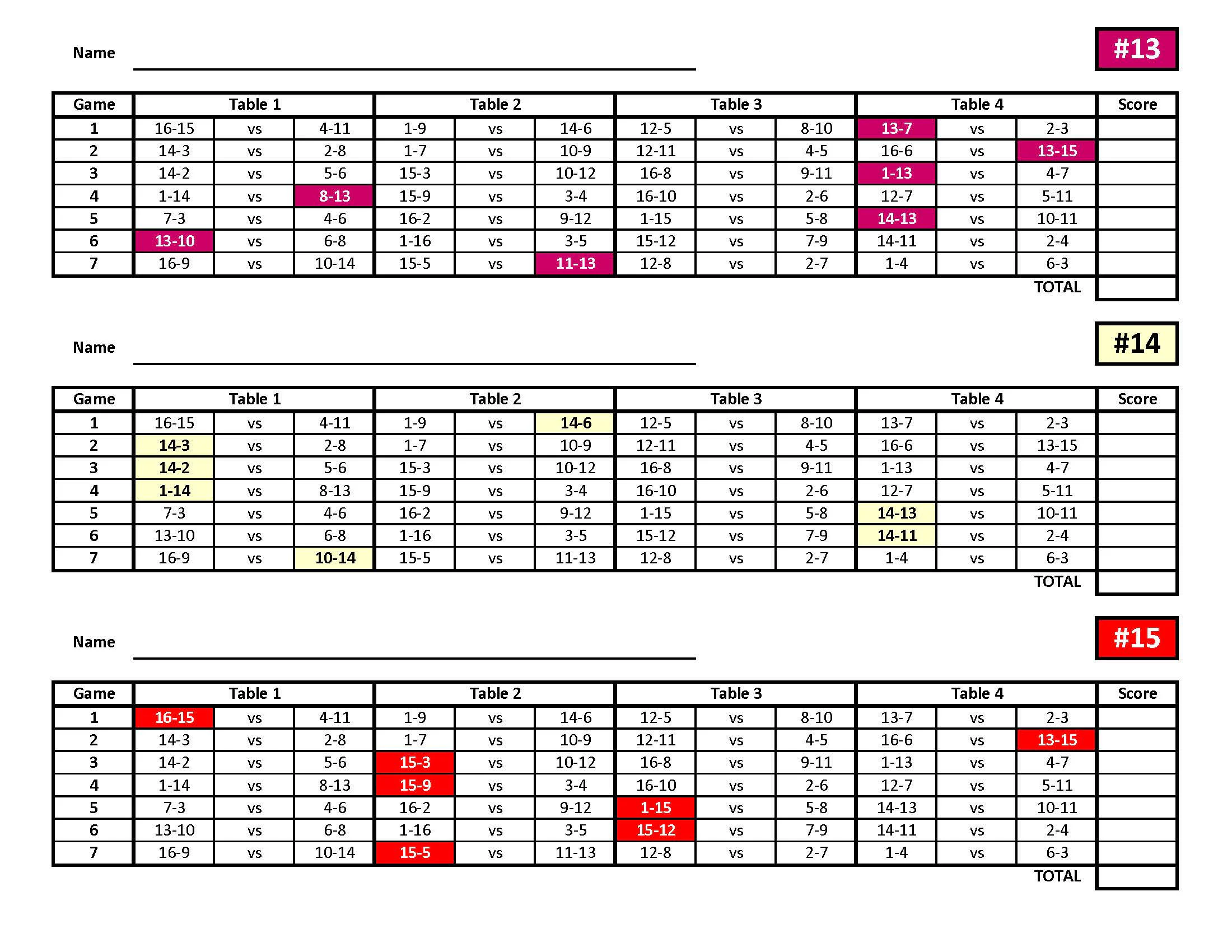 16 Player Euchre Tournament Score Sheet