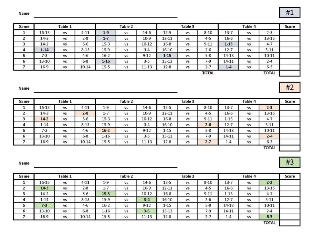 16 Player Euchre Tournament Score Sheet