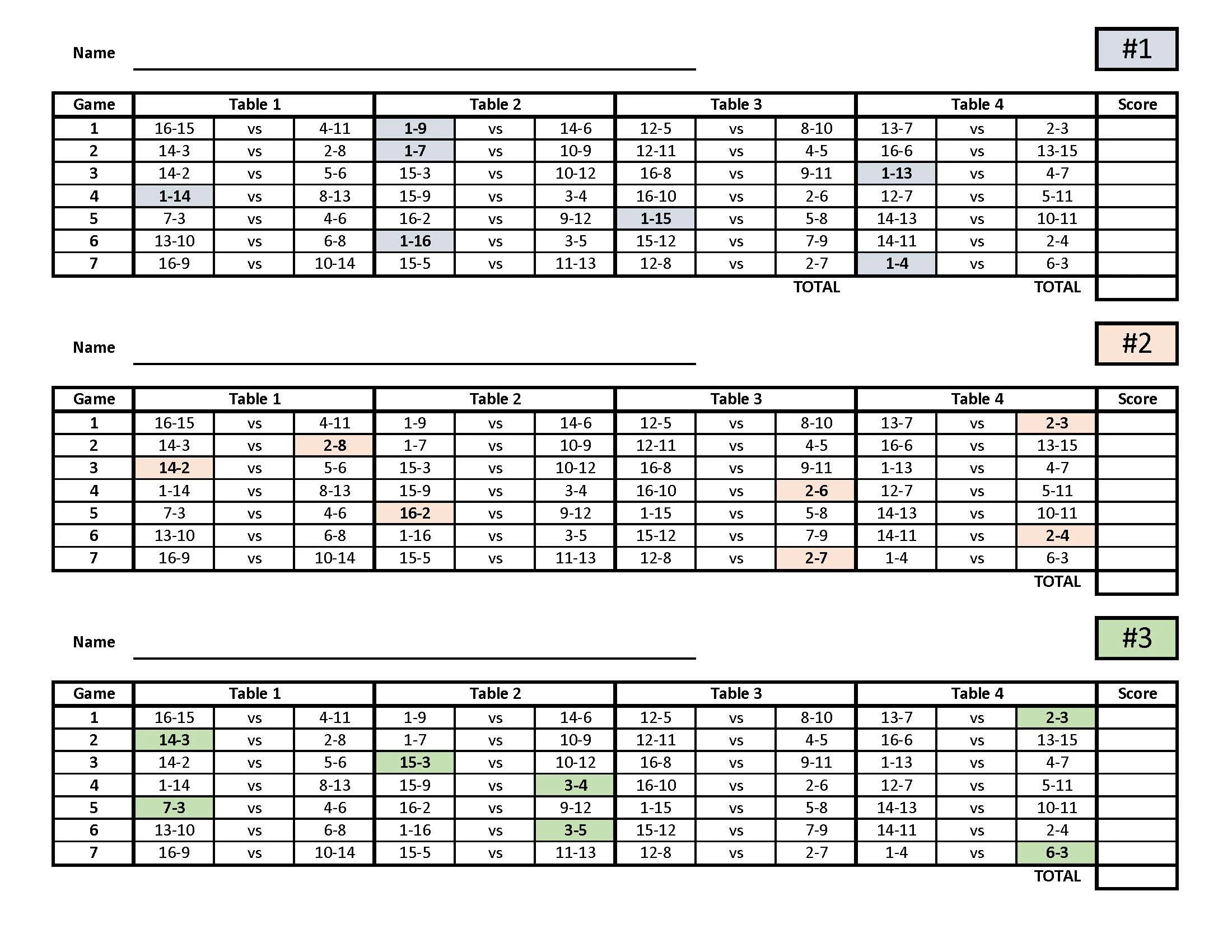 16 Player Euchre Tournament Score Sheet