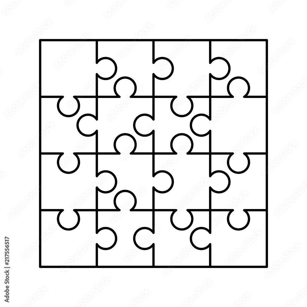 16 White Puzzles Pieces Arranged In A Square Jigsaw Puzzle Template Ready For Print Cutting Guidelines On White
