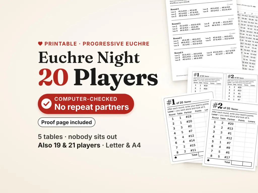 20 Player Euchre Tournament Score Sheet