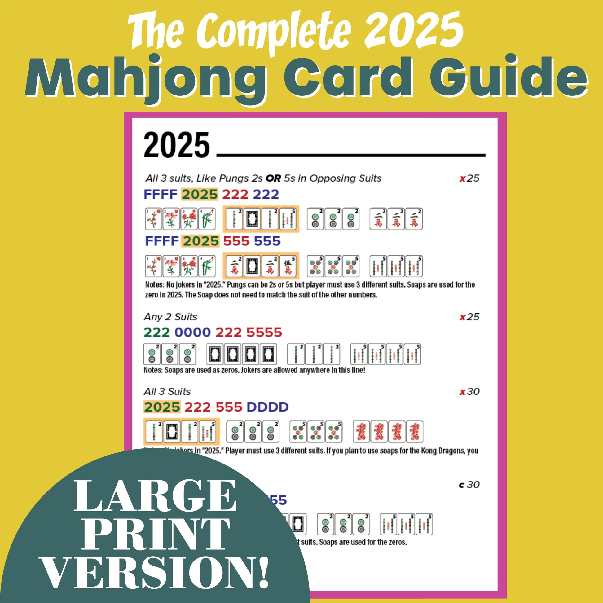 2025 Mahjong Card Guide Large Print Version Nmjl Cheat Sheet For Beginners Pdf Download