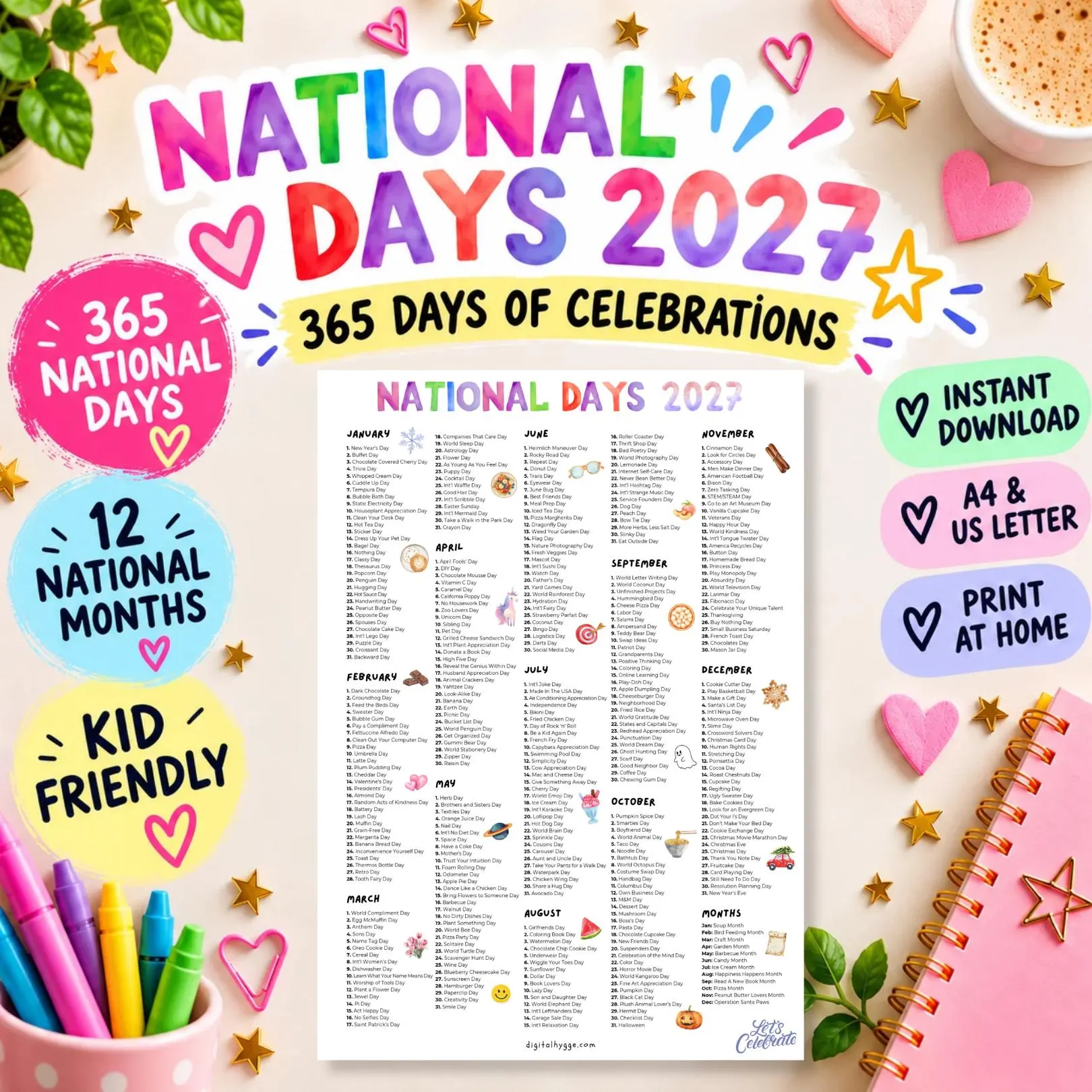 2026 National Days Calendar Printable A4