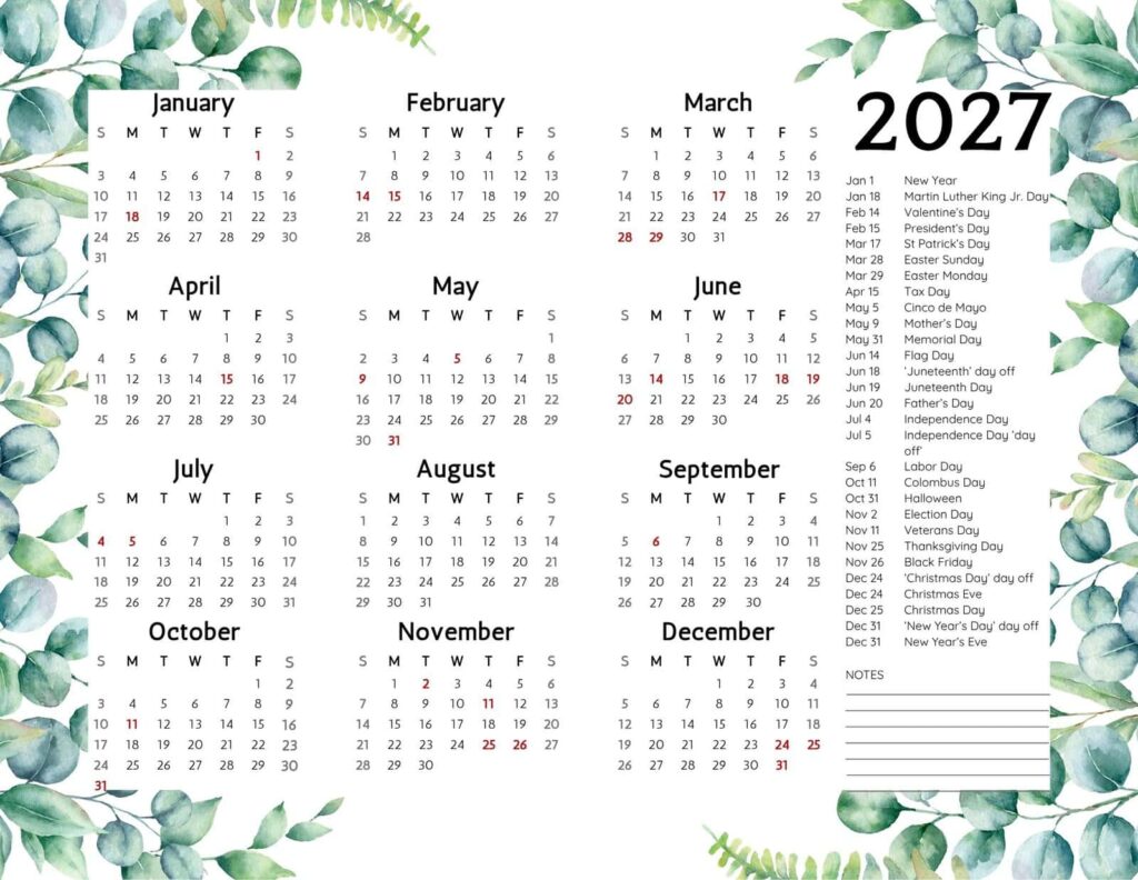 2027 Calendar Printable