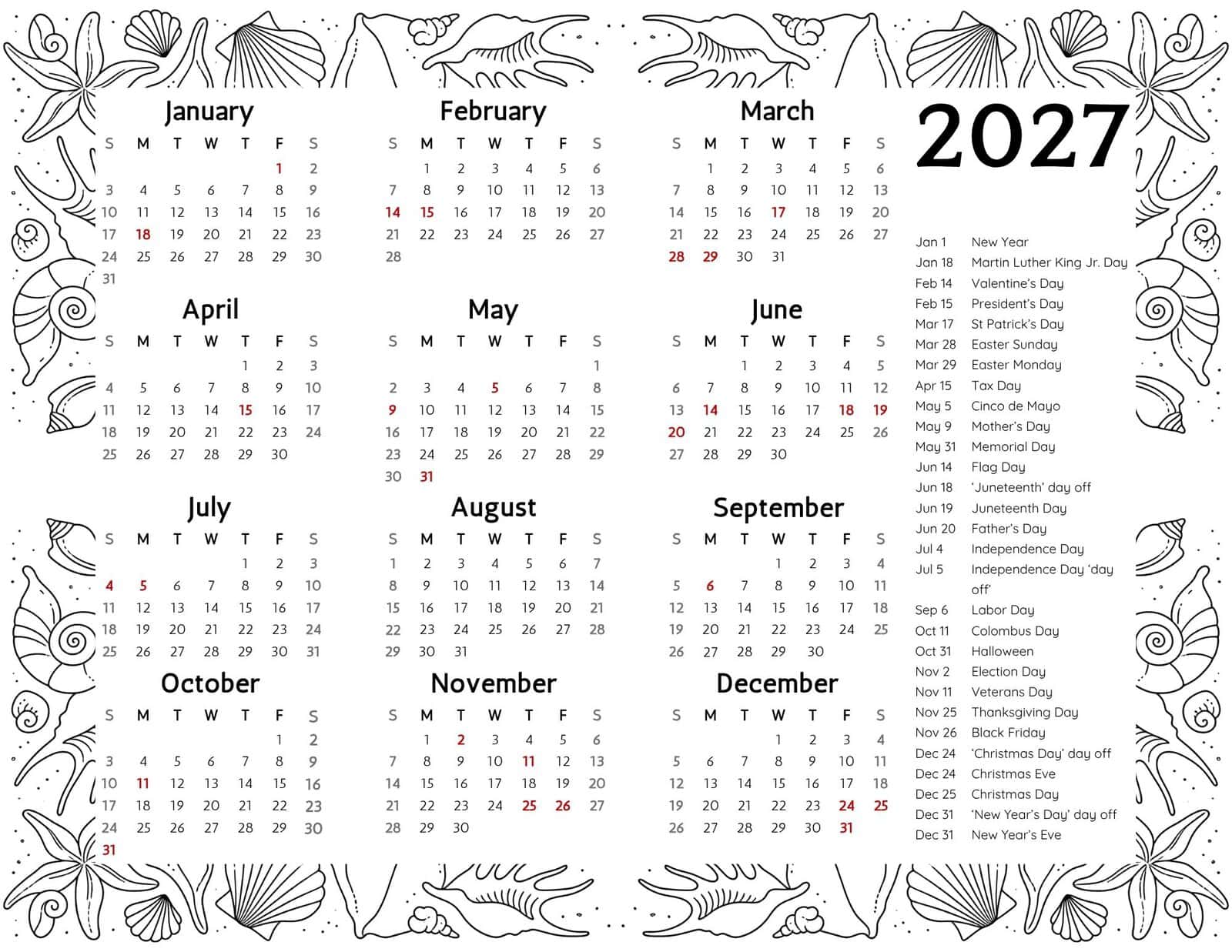 2027 Calendar Printable
