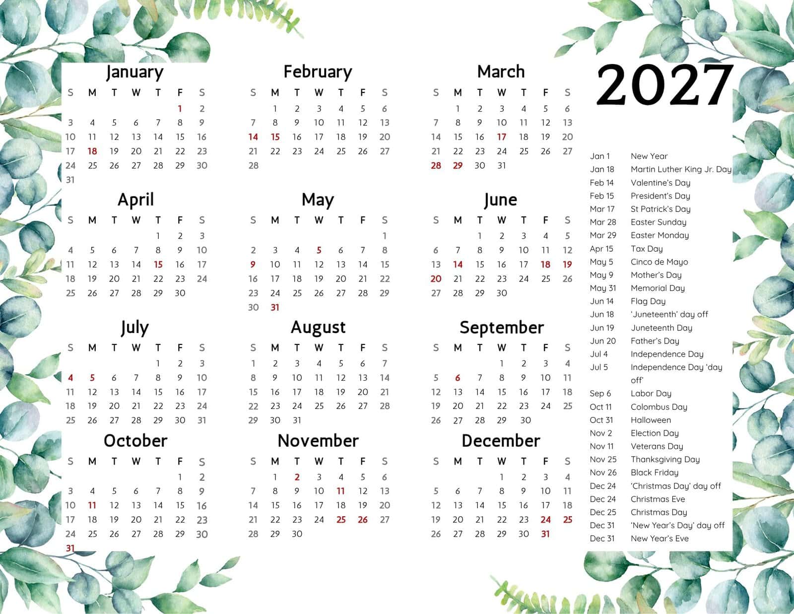 2027 Calendar Printable