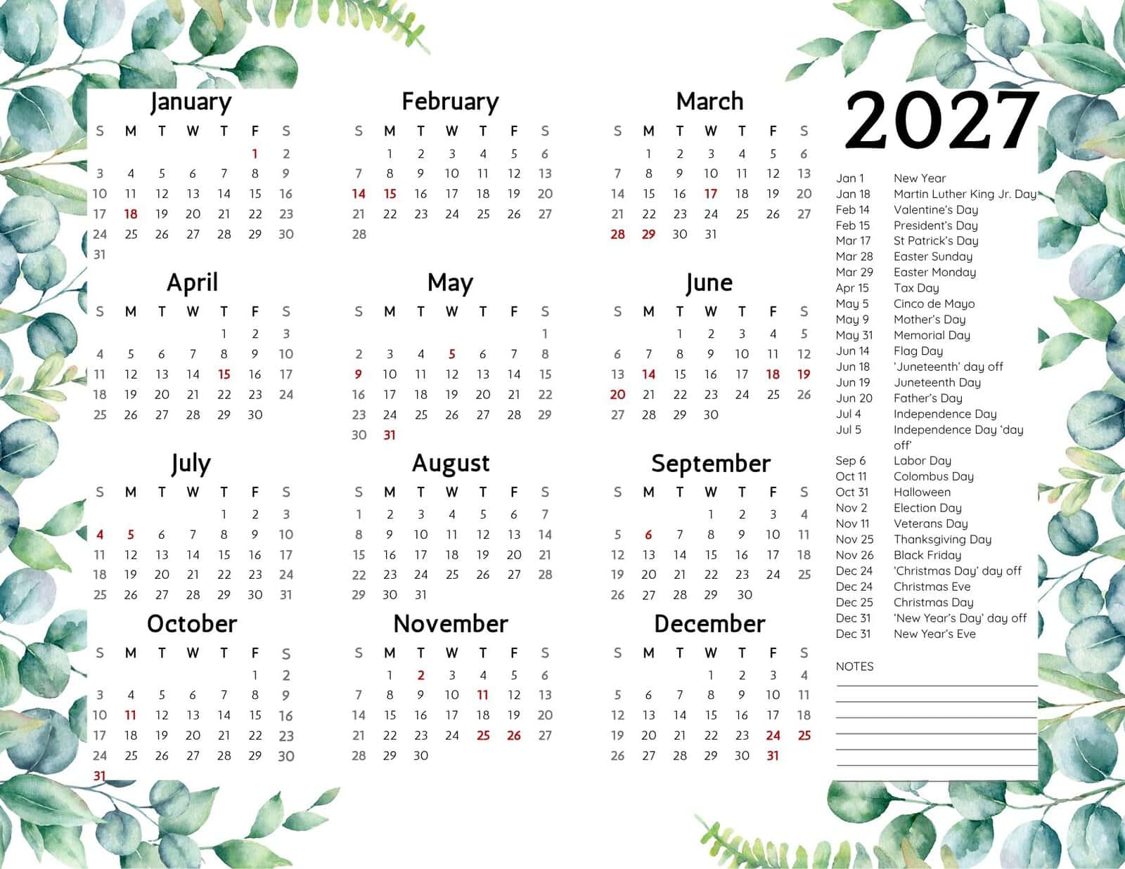 2027 Calendar Printable