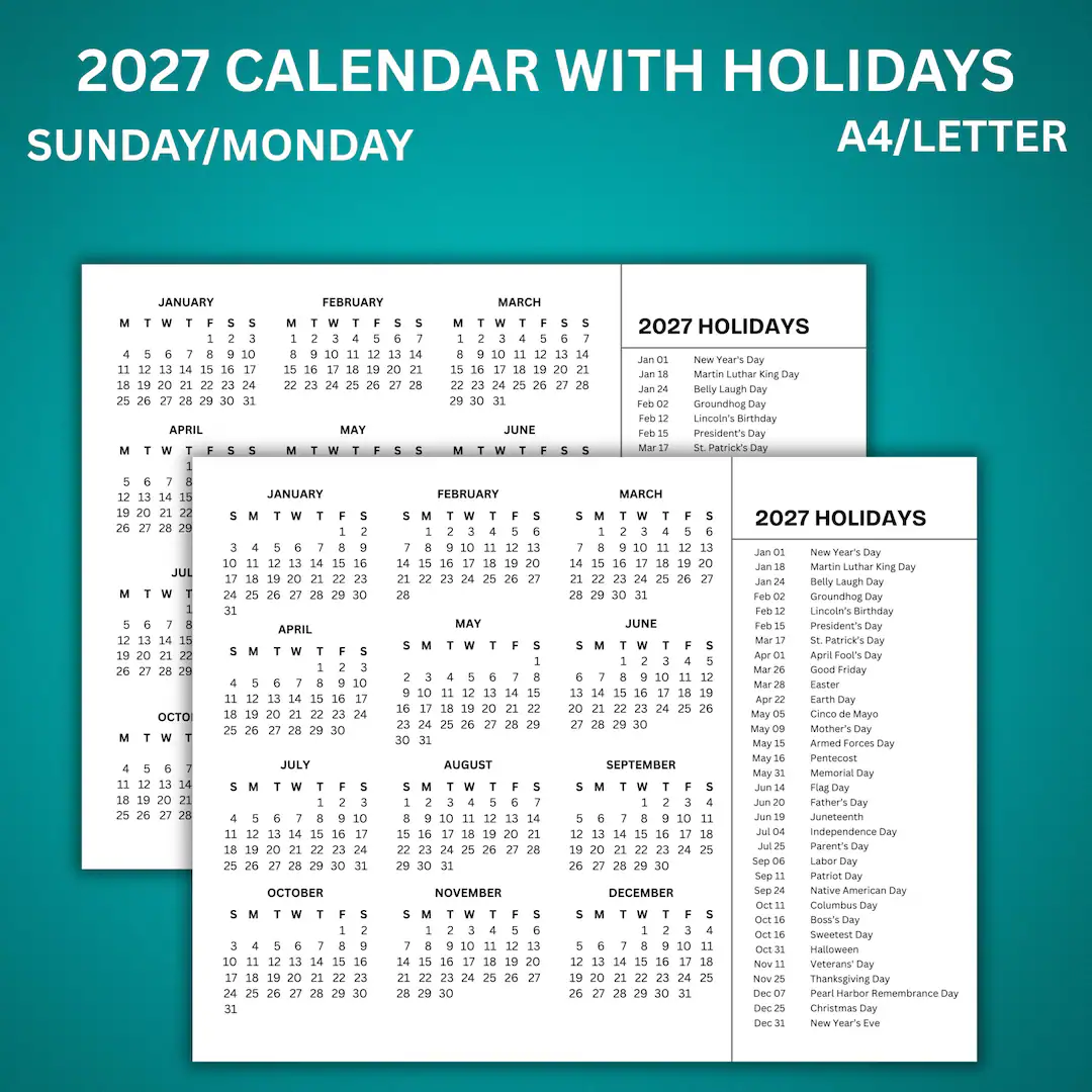 2027 Calendar With Holidays Printable 2027 Calendar With Holidays Printable