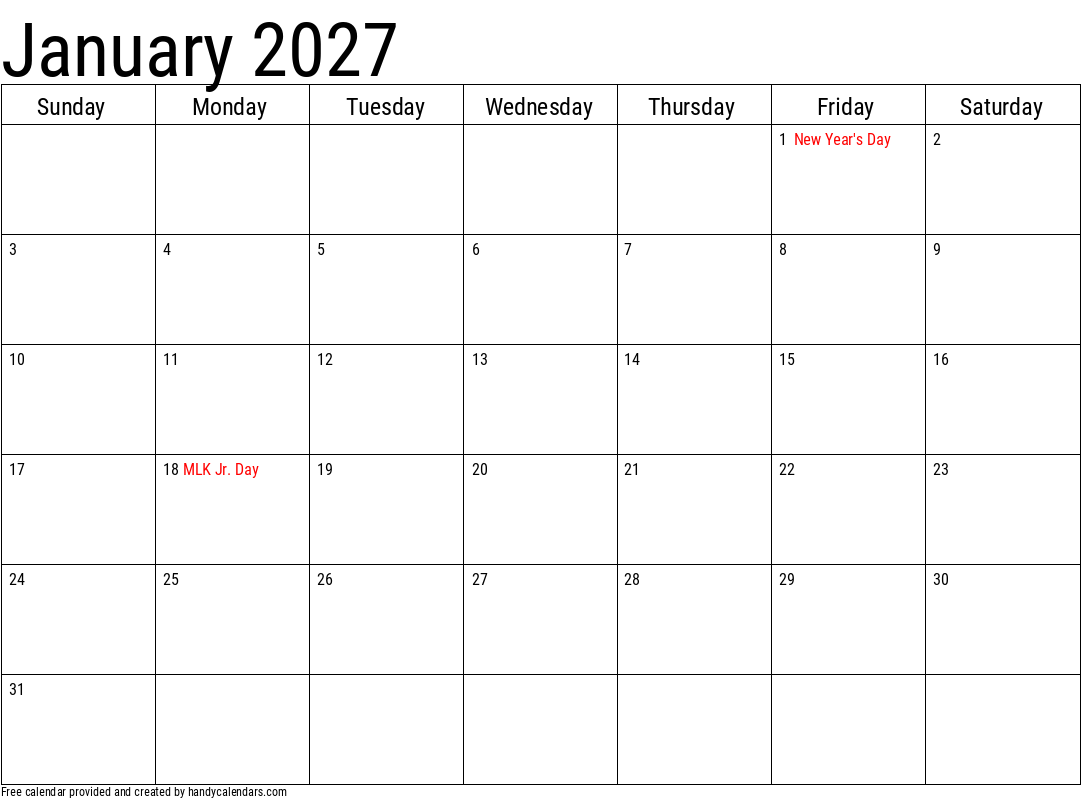2027 January Calendar With Holidays 2027 January Calendar With Holidays
