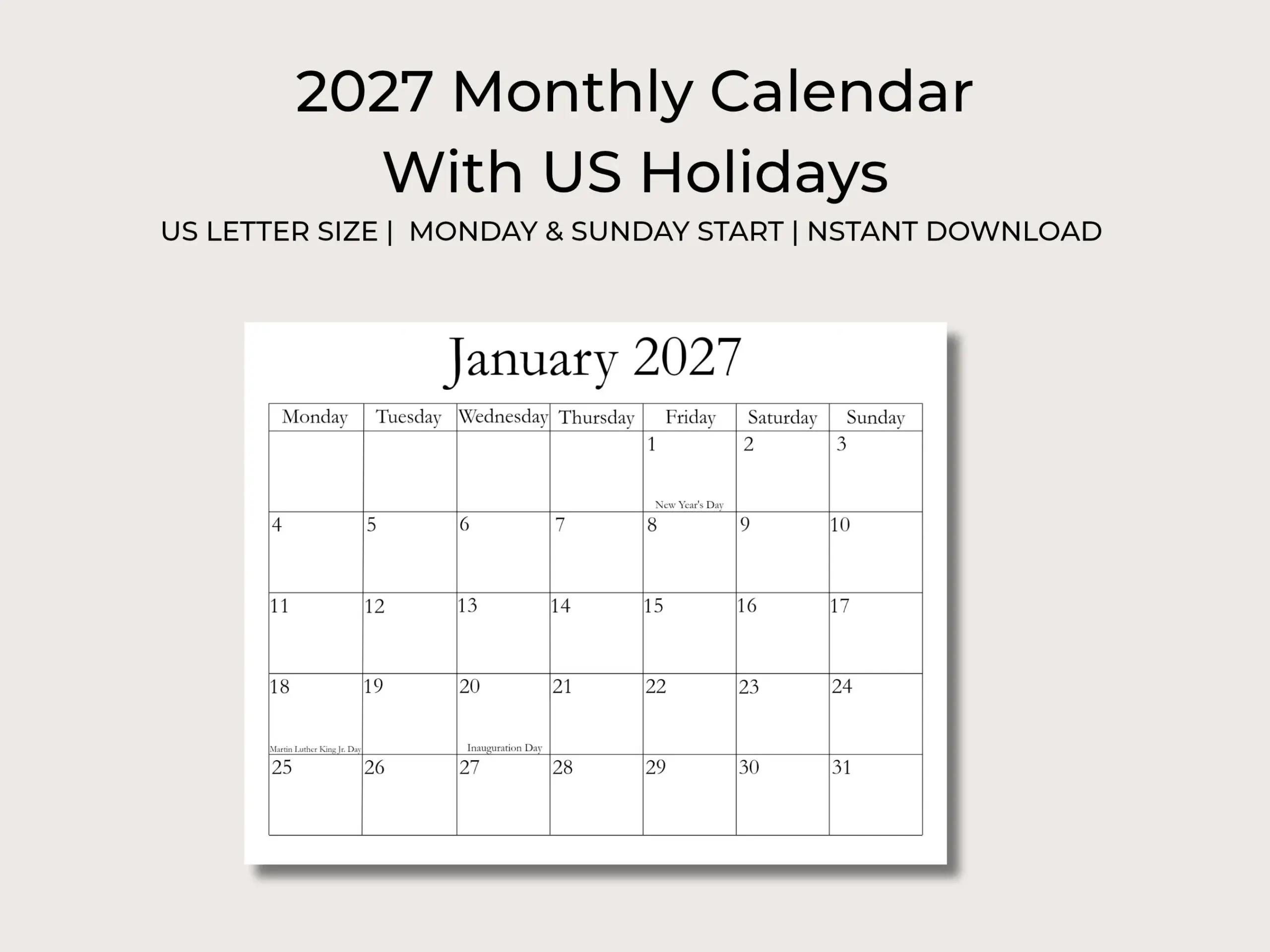 2027 Monthly Calendar Printable Us