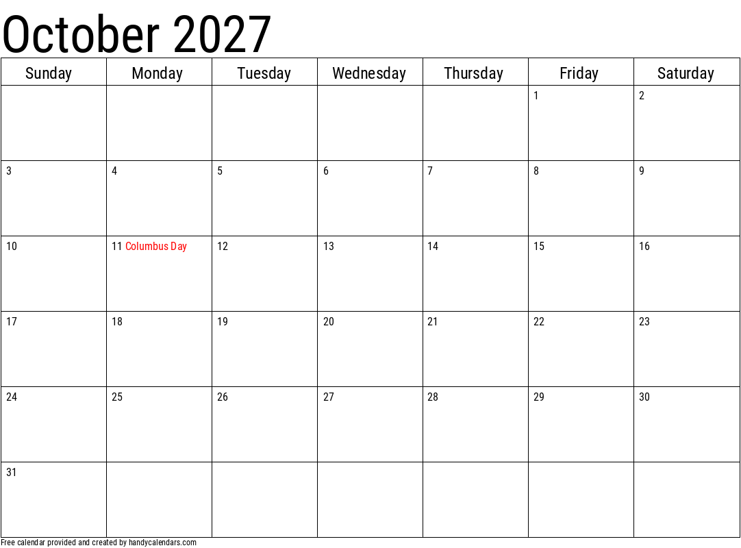2027 October Calendar With Holidays