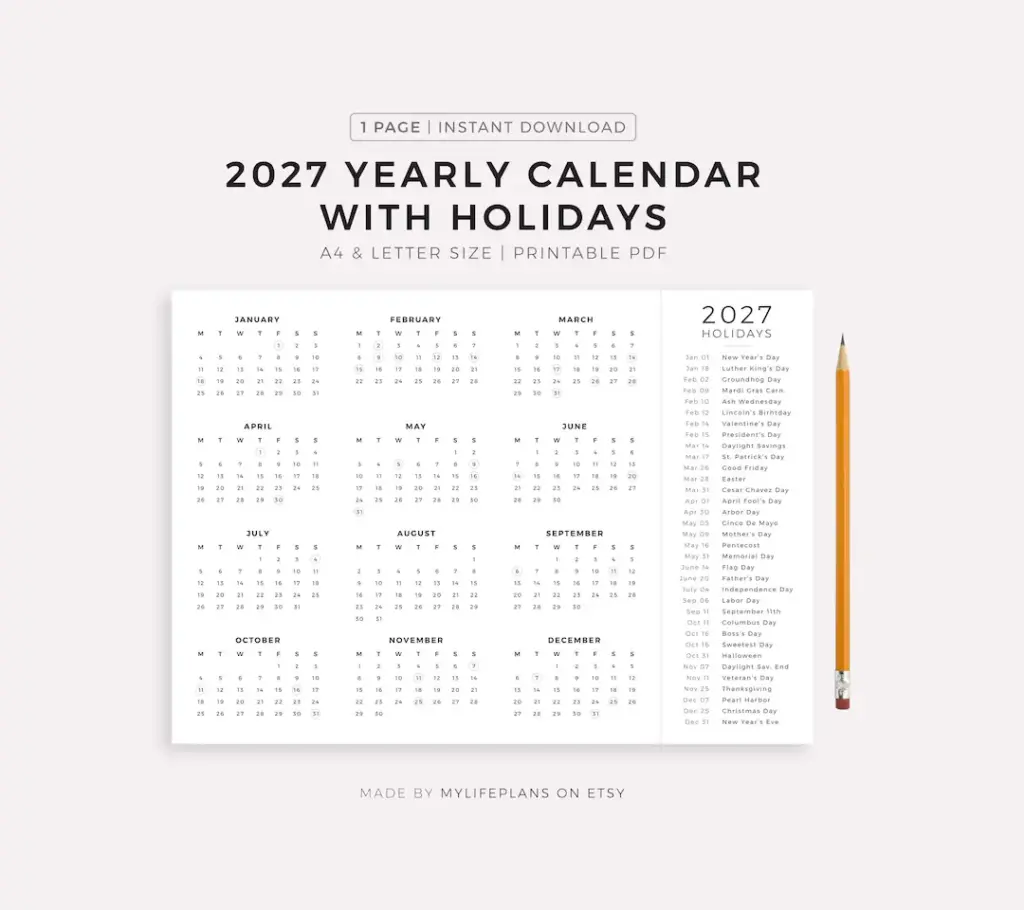 2027 Year Calendar With Holidays On One