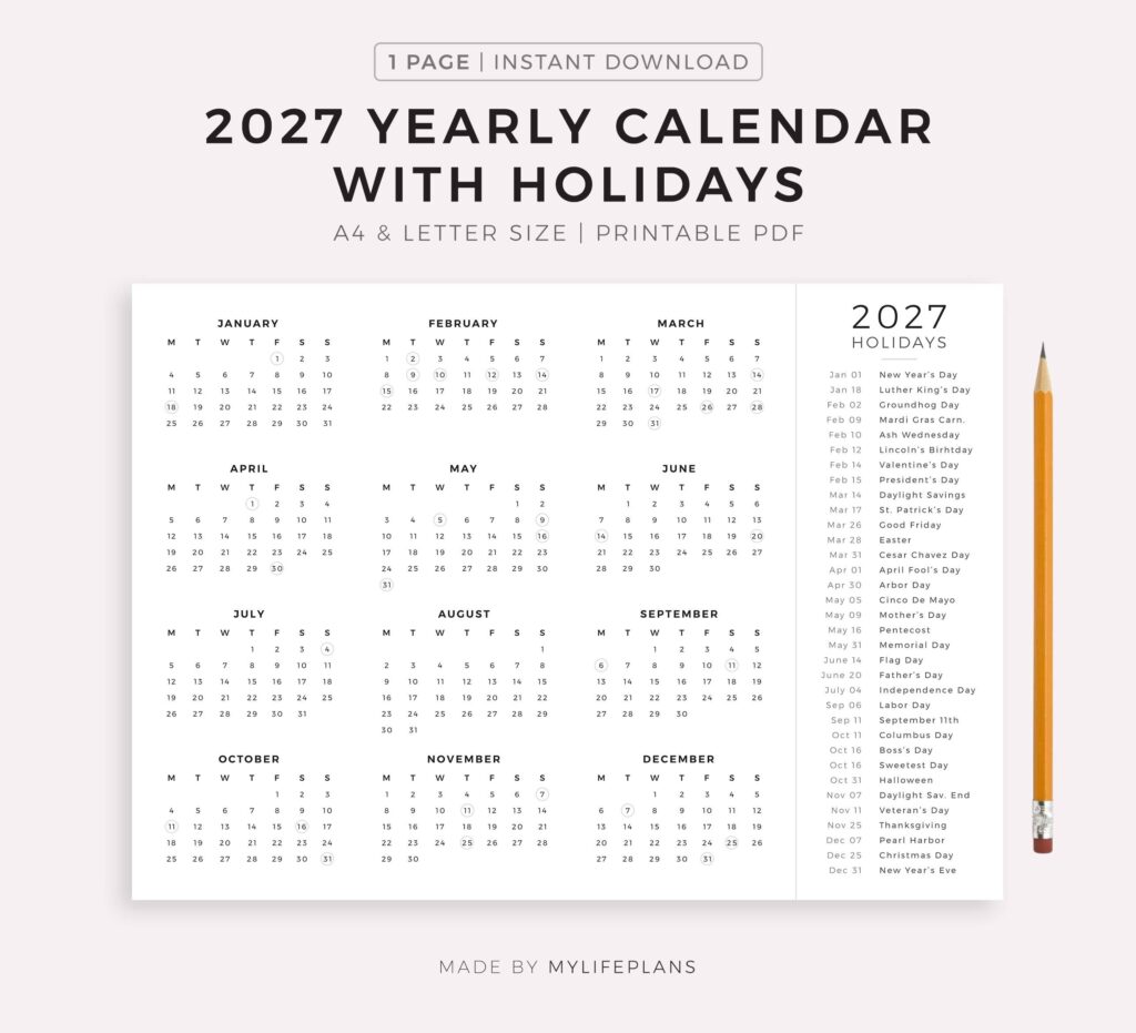 2027 Year Calendar With Holidays On One Page Printable Landscape A4Letter 14205826