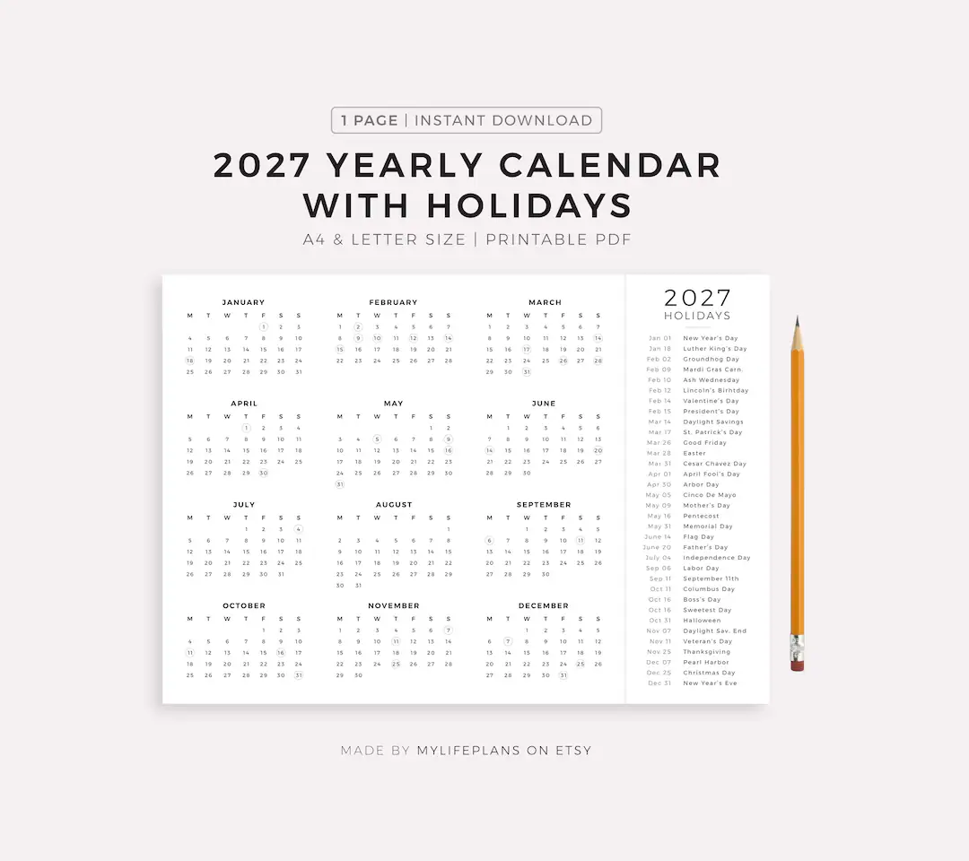 2027 Year Calendar With Holidays On One