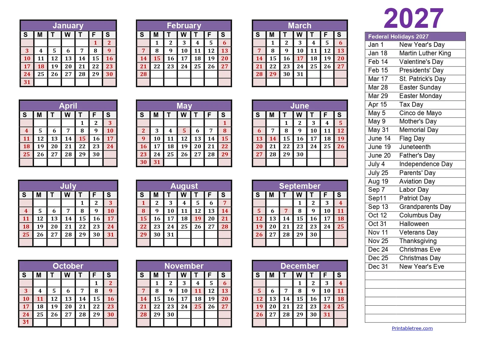 2027 Yearly Calendar Printable
